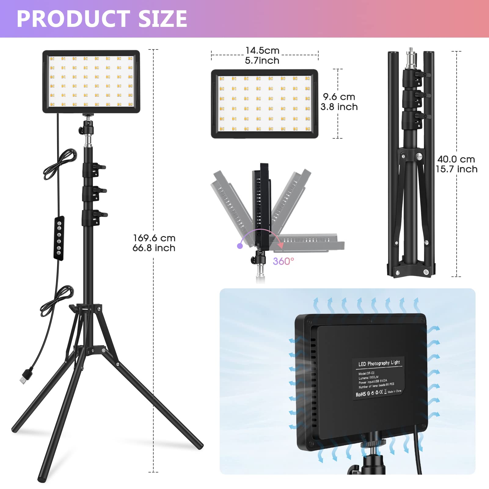Unicucp 2 Packs Led Video Light Kit With 61.99" Tripod Stand, Dimmable 2400-6800K Photography Lighting For Studio Portraits/Youtube/Zoom Meeting/Live Stream/Makeup, 9 Color Filters/Usb Wall Charger
