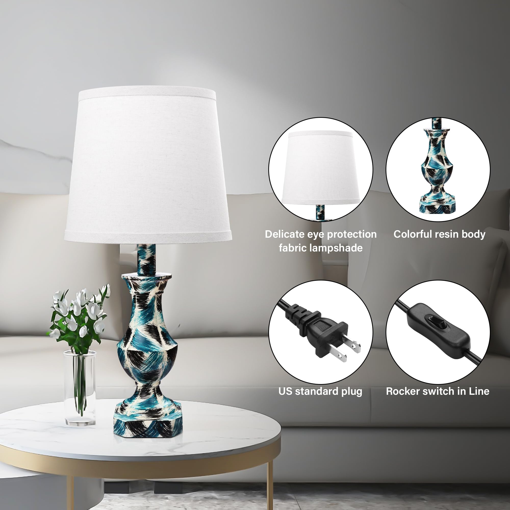 Haoyodrea Set Of 2 Table Lamps With Fabric Shade Ul Bedside Nightstand Multi Color Resin Lamps For Bedroom, Living Room, Farmhouse, Rustic Vintage, Home Office