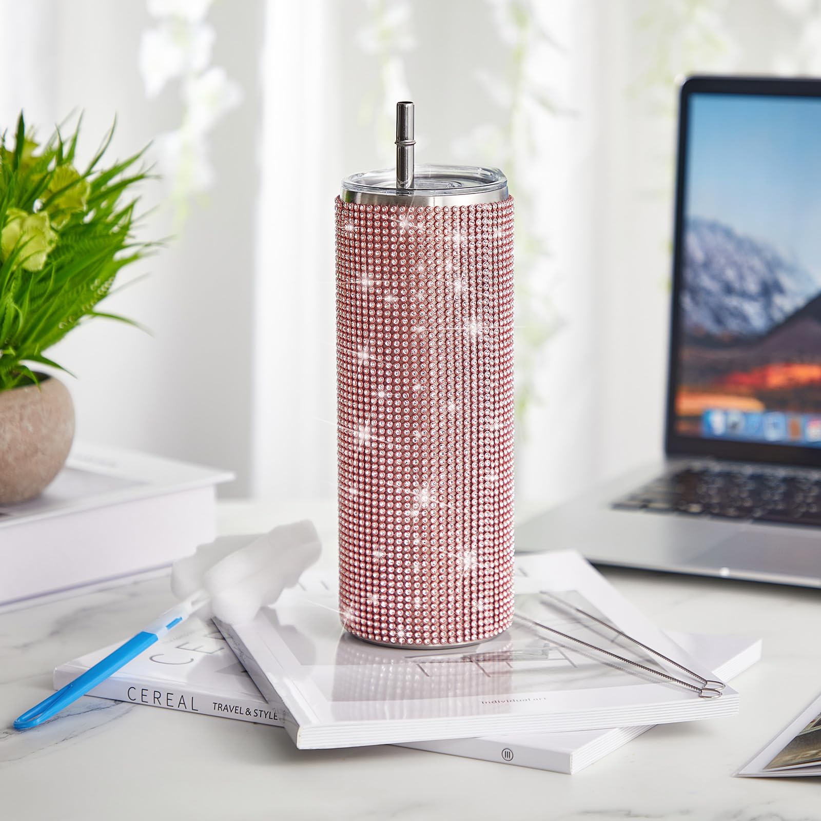 Tessco Bling Cups Rhinestones Tumbler With Straw Glitter Water Bottle Stainless Steel Straw Tumbler