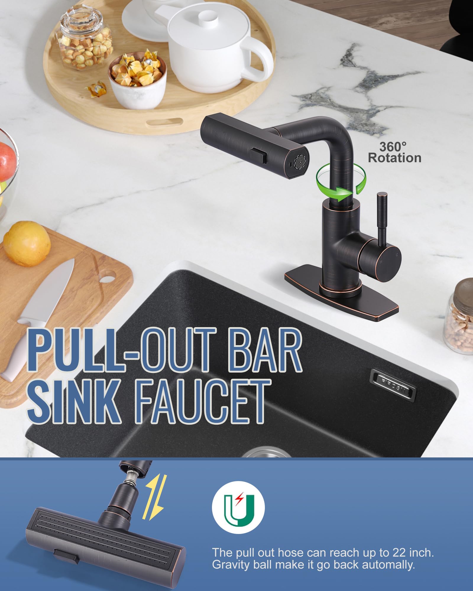 Aleasha Bar Sink Faucet Single Hole - For Bar Small Kitchen Bathroom Faucets With Cupc Supply Lines, 3 Water Modes Wet Bar Faucets 360 Swivel Prep Sink Faucet With Pull Out Sprayer, Oil Rubbed Bronze