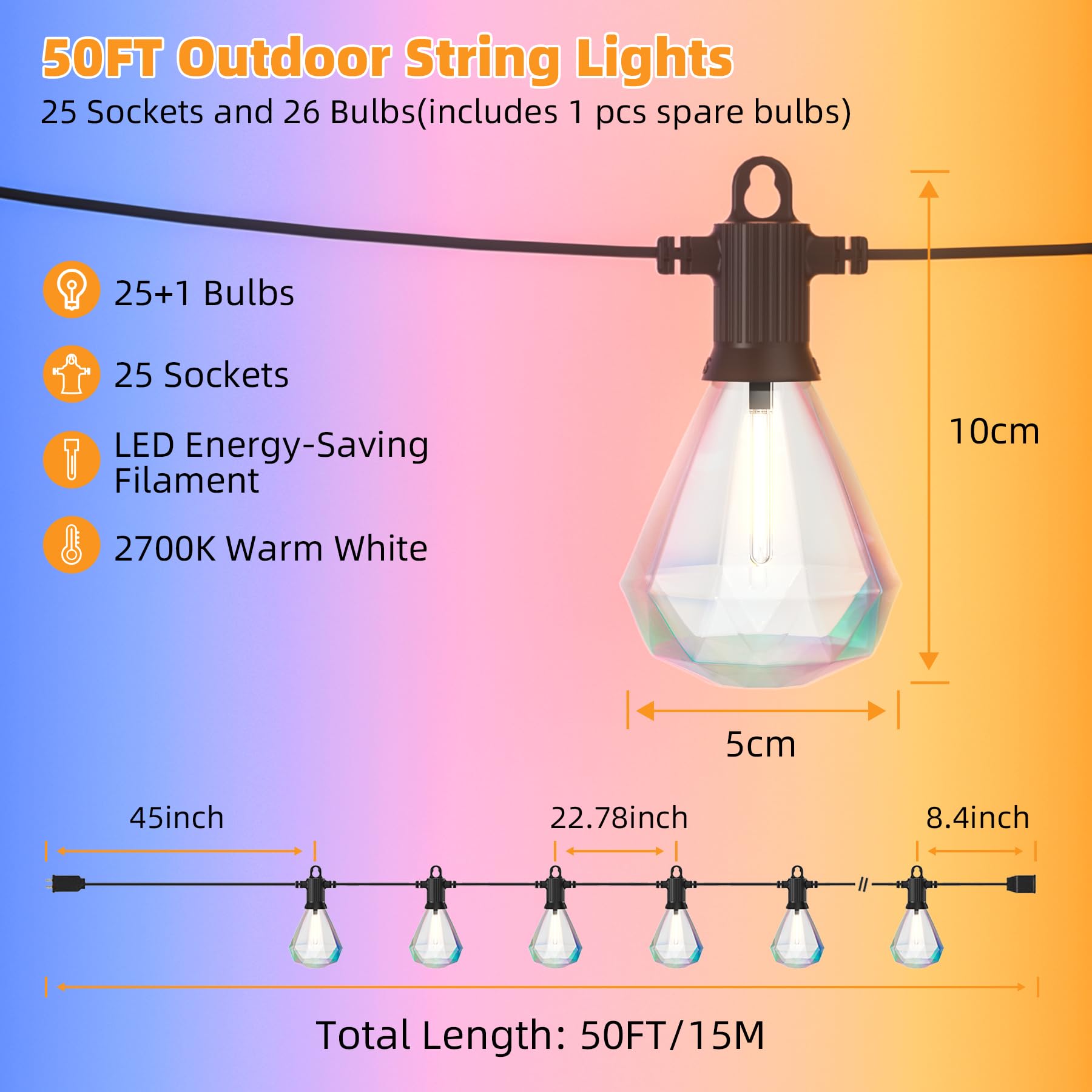 Zuske 50Ft Outdoor String Lights Led Patio Lights String With 25Pcs Shatterproof Diamond Bulbs Ip65 Waterproof Heavy Duty Led Porch String Lights For Outside Porch Yard Garden Party Bistro