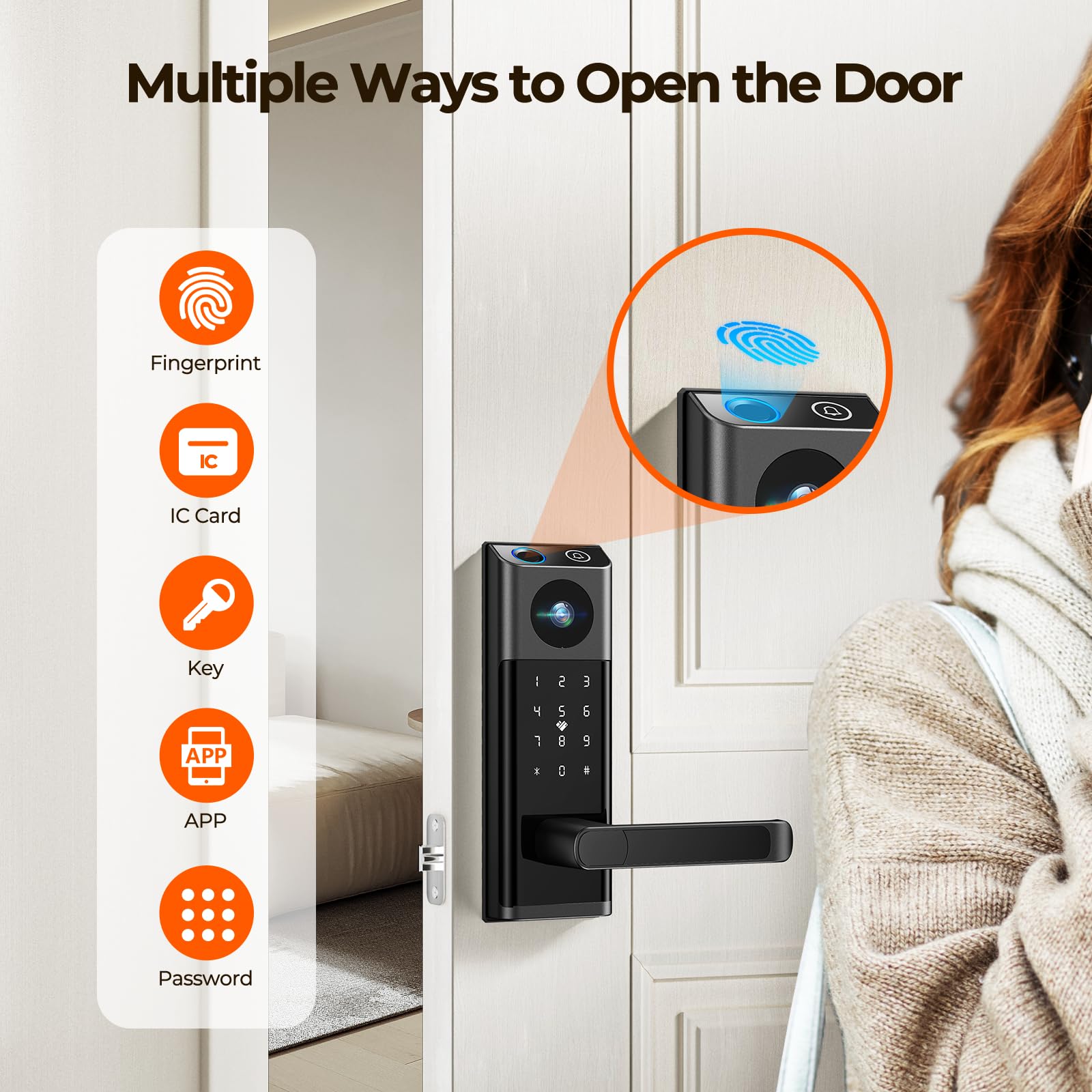 Camcamp Video Smart Lock With Camera & Doorbell, 5-In-1 Keyless Entry Door Lock With Handle, Fingerprint+Keypad Code+App Remote Control+Ic Card, Auto Lock, Wi-Fi Smart Deadbolt For Front Door, Apartment