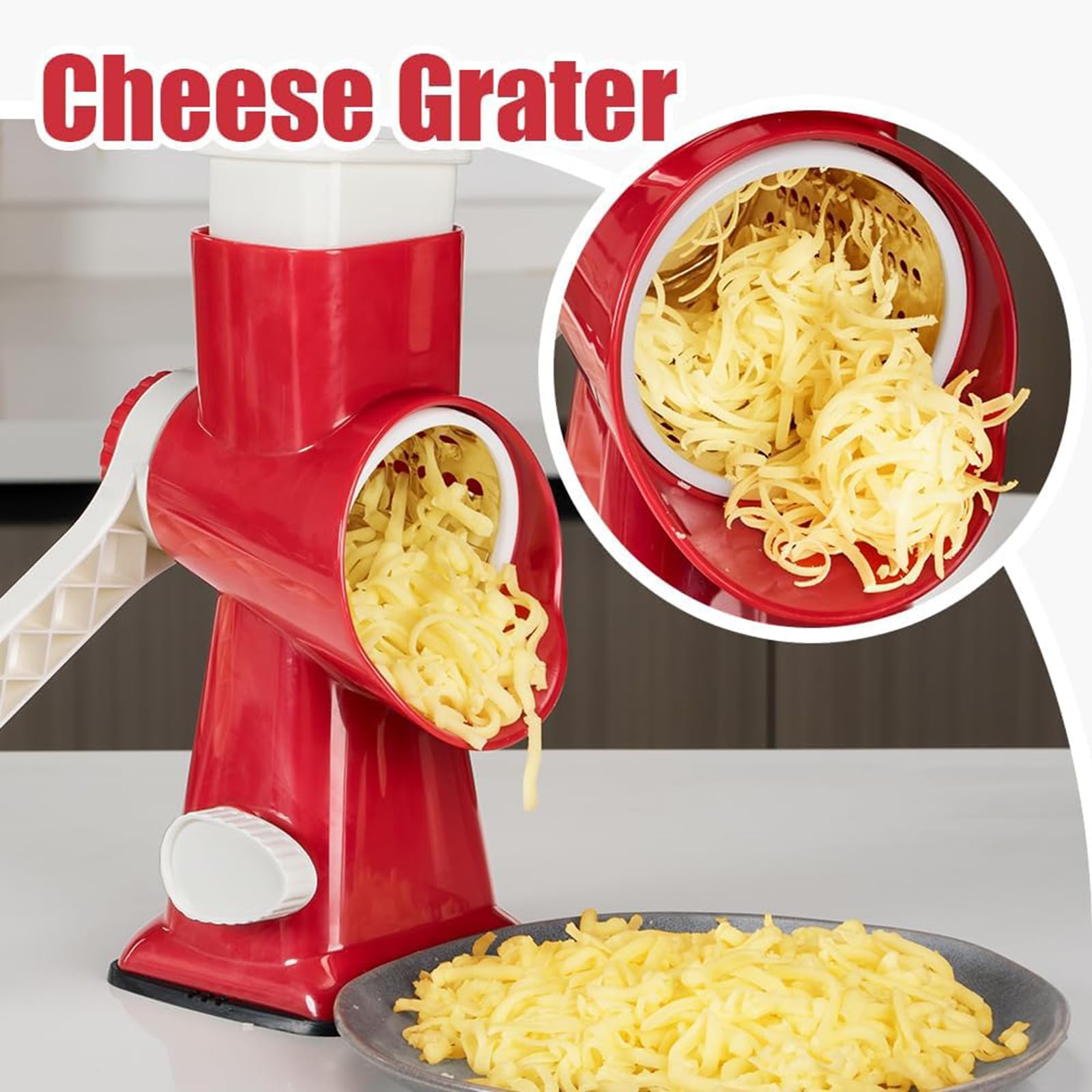 Rotary Cheese Grater with Handle, Multifunctional Kitchen tool, Stainless Steel Rotary Grater Slicer for Fruit, Vegetables - Koospark