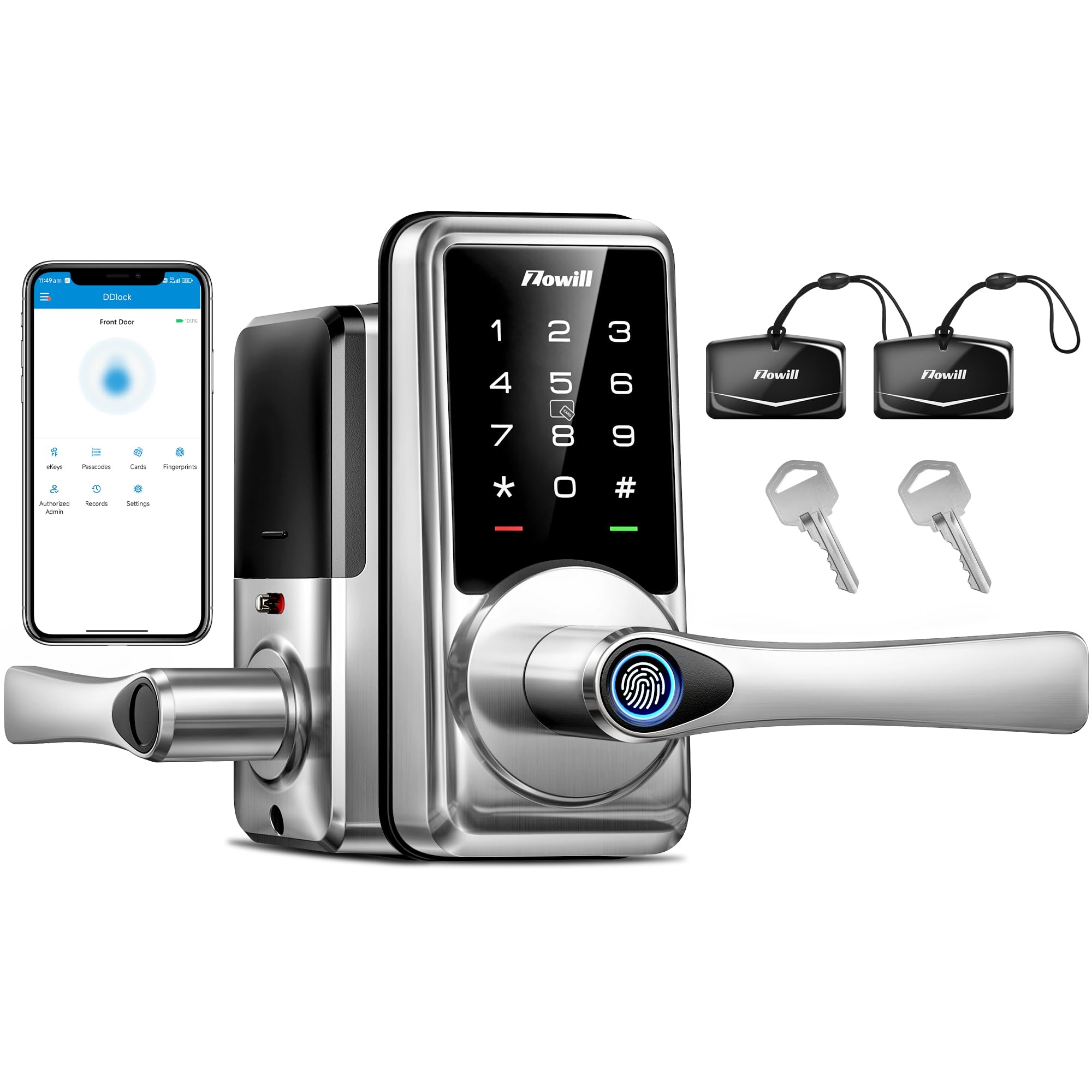 Zowill Smart Door Lock, Keyless Entry Door Lock With Handle, Fingerprint Deadbolt With App Control, Biometric, Auto Lock, Easy Installation