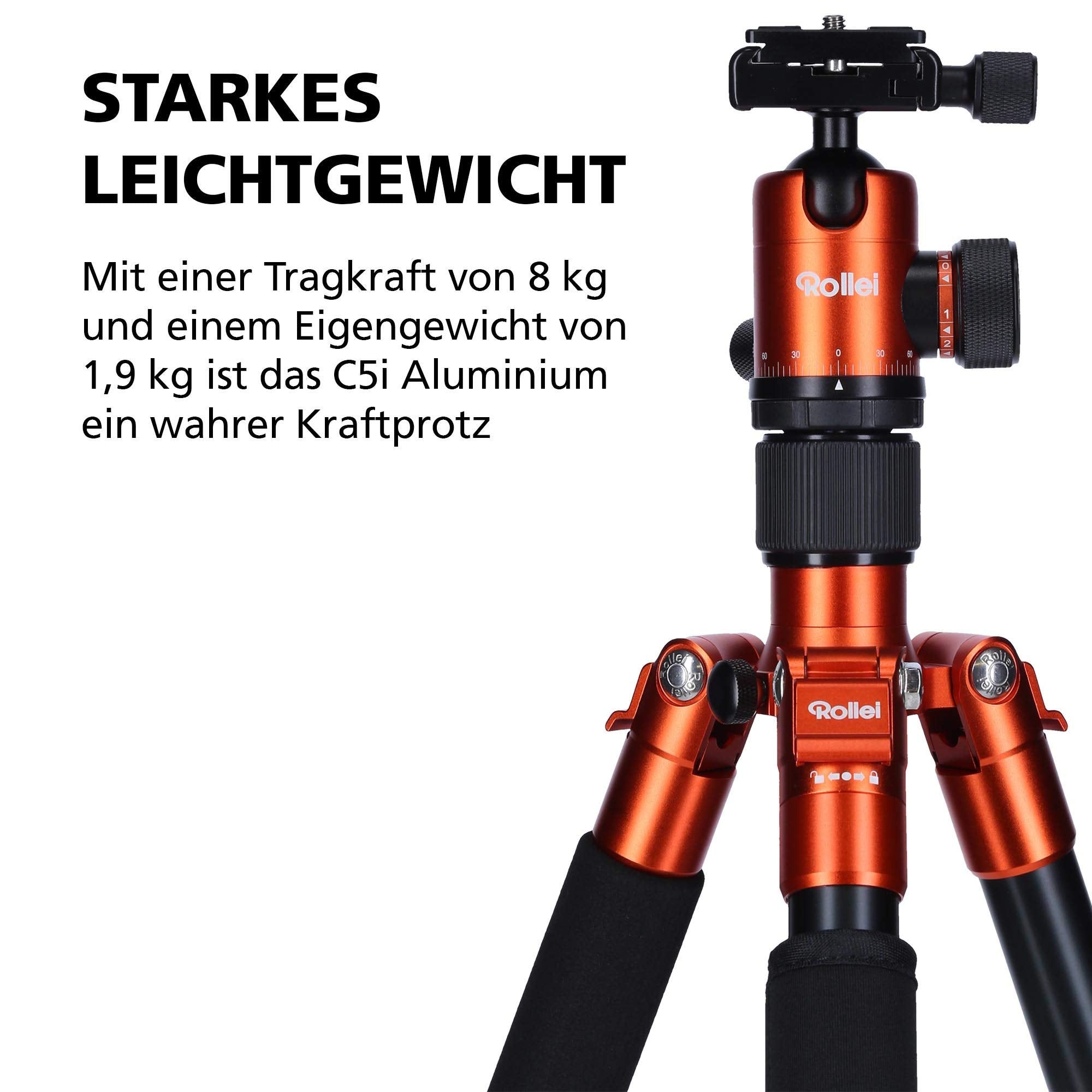 Rollei C5I - Aluminum Tripod With Panoramic Ball Head - Arca Swiss Compatible - Max. Load 8 Kg - Orange