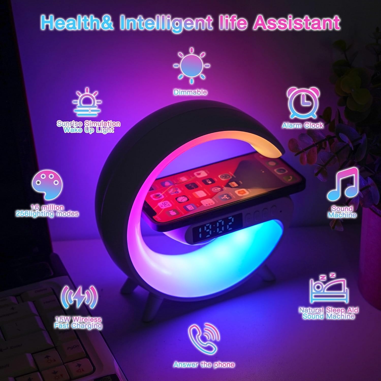 Leenabao Mini Wireless Speaker Lamp With Alarm Clock, Wireless Charging, Atmosphere Light, Bedside Table Lamp (White)