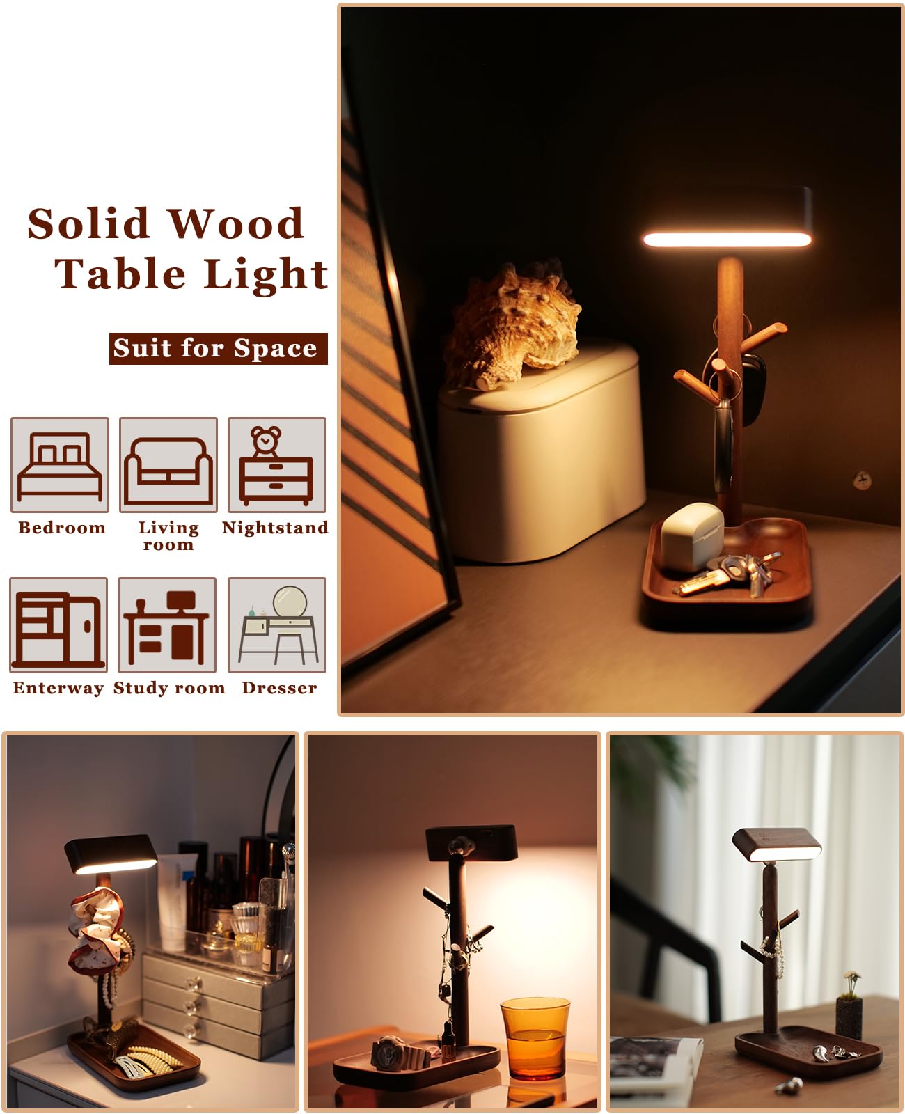Vadifula Wooden Table Lamp Tree Trunk Wood Column Rechargeable Led Desk Lamps Magnetic 360°Rotate Battery Powered Wall Night Lights For Bedside Living Edge Table (Black Walnut)