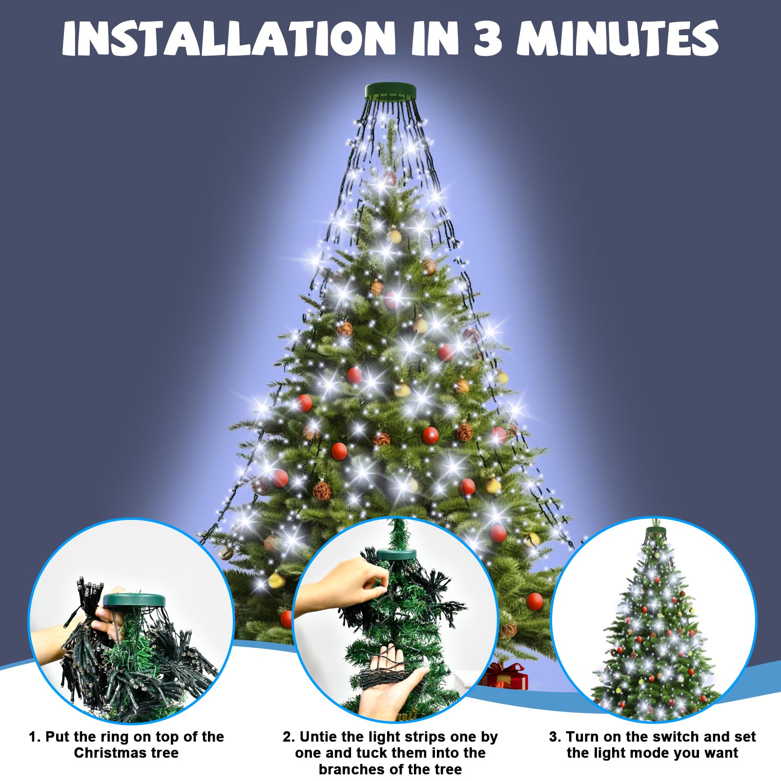 Ffzzkj 400 Led Christmas Tree Lights 8 Modes Christmas String Lights For Tree With Timer 6.6Ft X 16 Lines Lights String Waterproof Christmas Decorations Outdoor/Indoor With Memory Function, Cold White