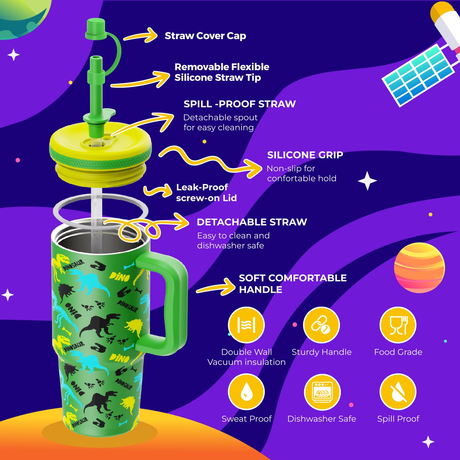 Kids 24 Oz Tumbler With Handle, Leak-Proof Screw-On Lid With Removable Silicone Straw, Spill Proof