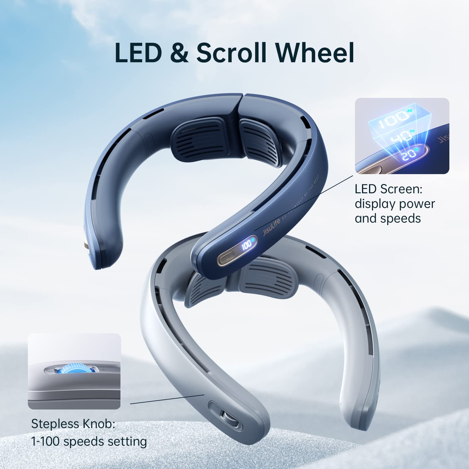 Jisulife Portable Neck Fan Pro, 100 Speeds Bladeless, Stepless Knob, Led Display, 5000Mah