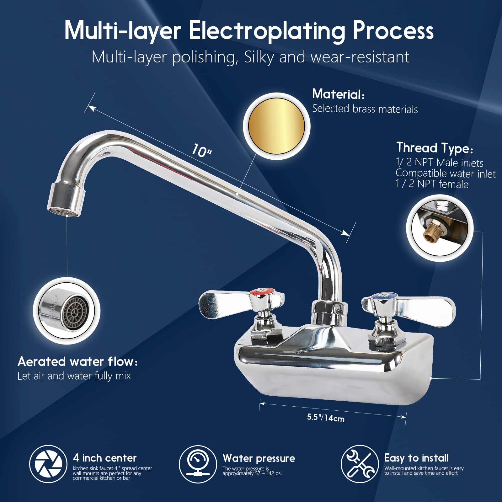 Zkdausdo 4 Inch Center Commercial Sink Faucet Wall Mount With 10" Swivel Spout & Ceramic Valve, Kitchen Hand Sink Faucet, 1/2" Npt Male Inlet, Brass Constructed & Chrome Polished, Dual Lever Handles