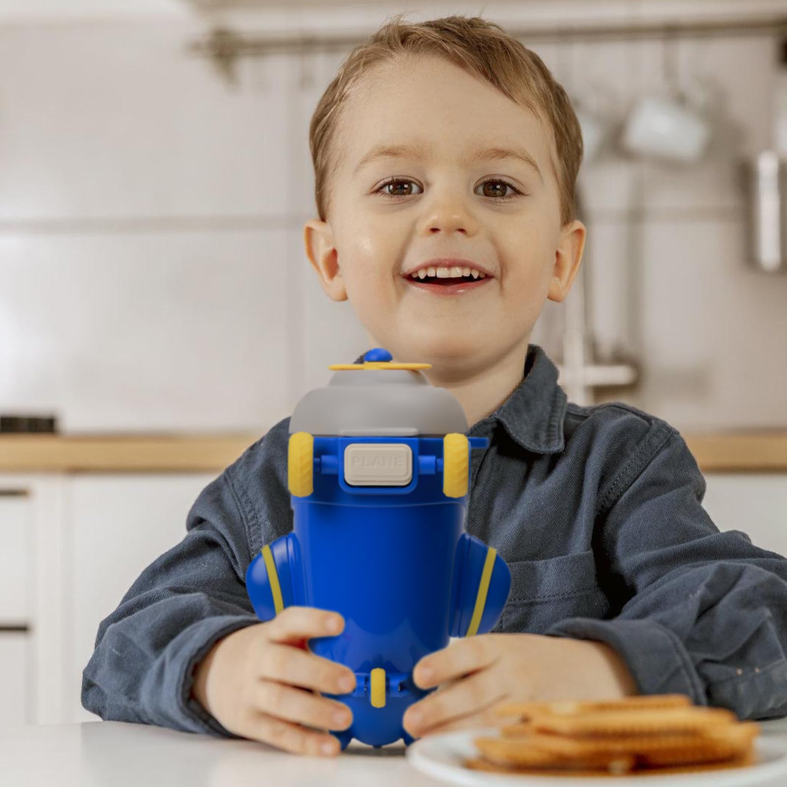 18Oz Plane Kids Water Bottle With Straw Shoulder Strap For Boys, Double Wall Airplane Bottles