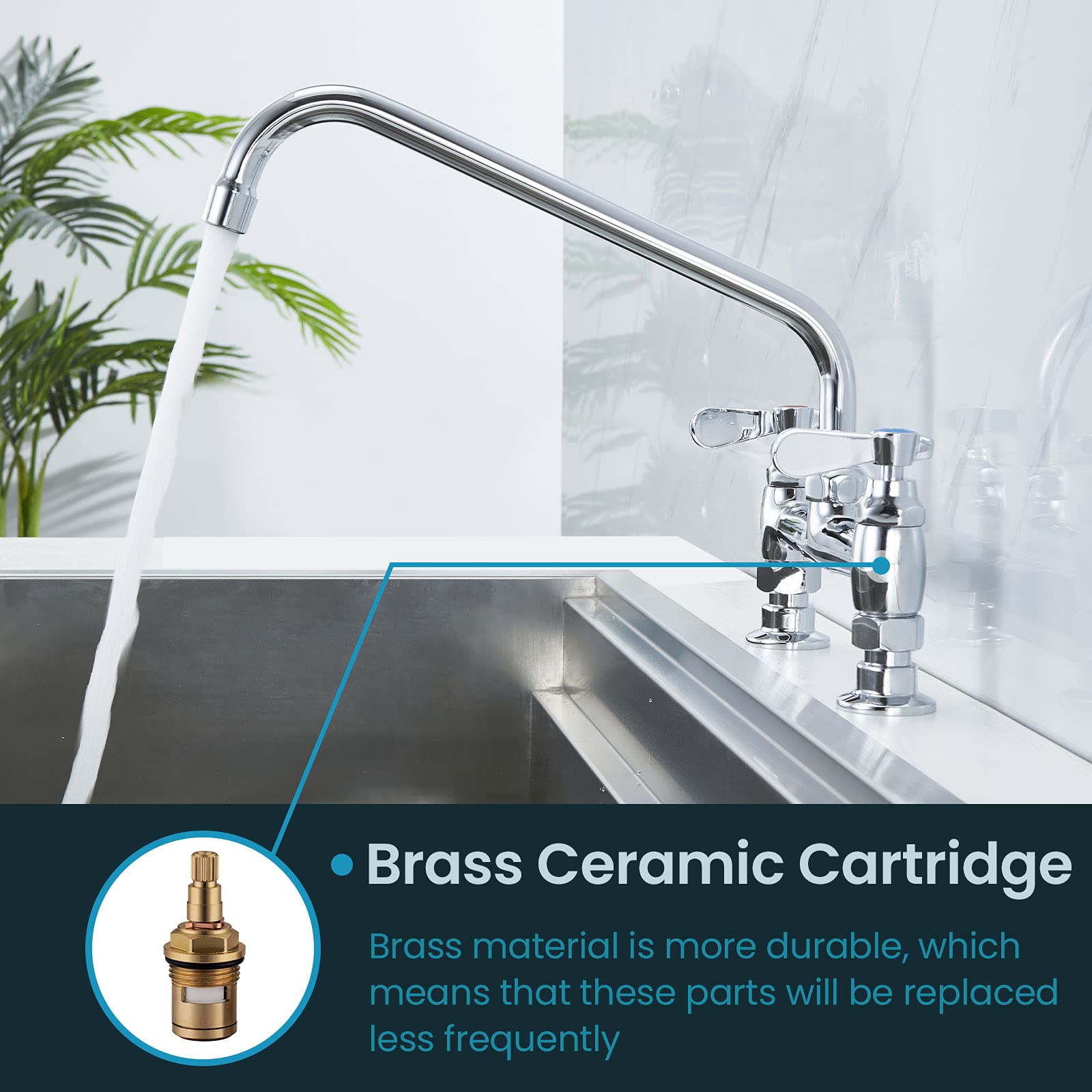 Favorpo Deck Mount Commercial Sink Faucet 8 Inch Center With 12 Inch Swviel Spout Kitchen Faucet For Restaurants Laundry Room Utility Sink 2 Handle 2 Holes Brass Structure