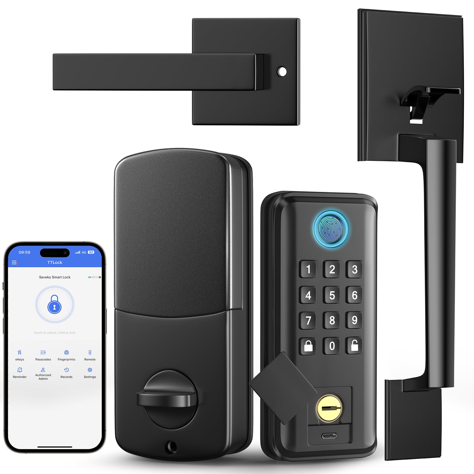 Seveko Keyless Entry Door Lock, Smart Locks For Front Door With Handle, Fingerprint Front Door Lock Set With App Control, Keypad Deadbolt Door Locks, Smart Lock Compatible With Alexa, Matte Black