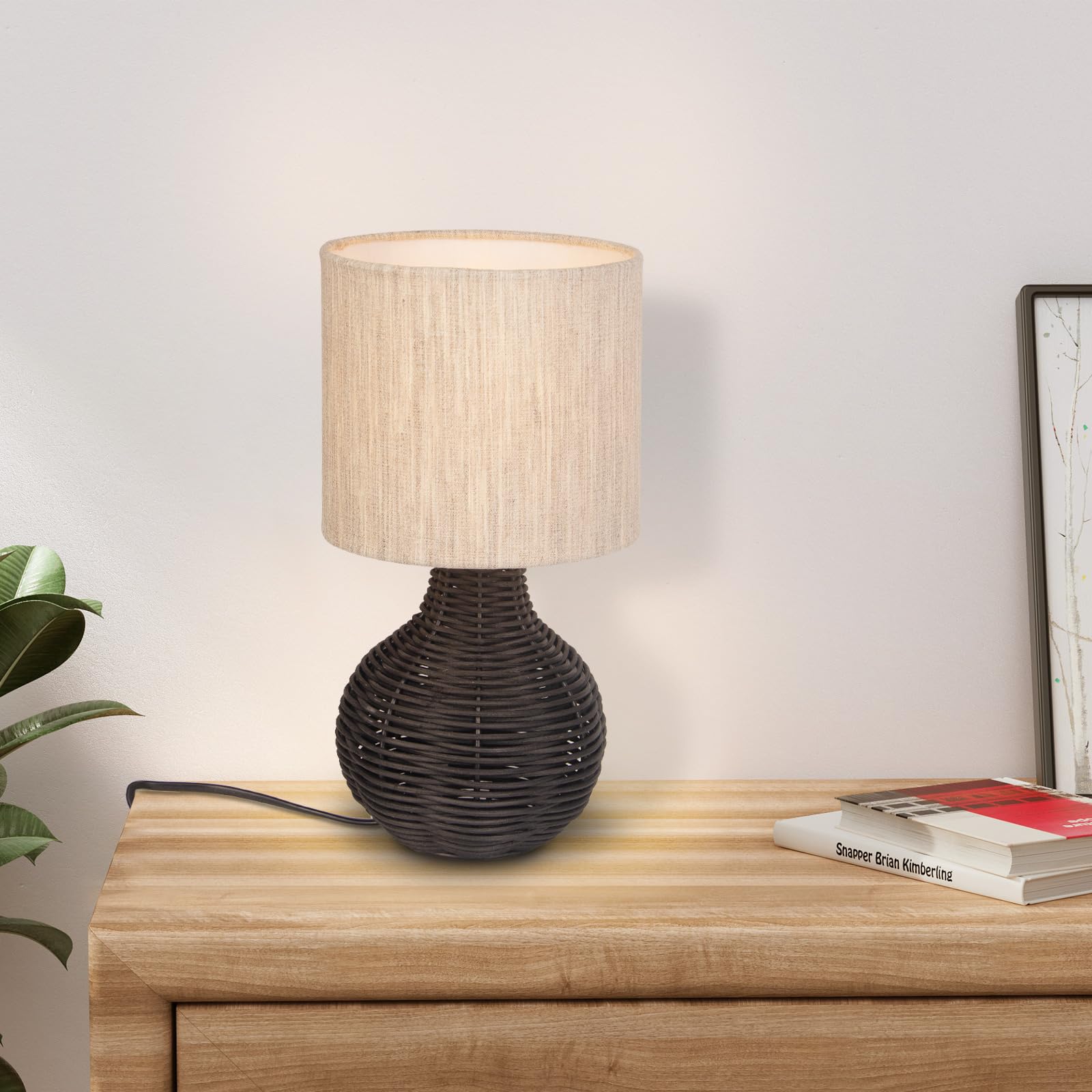 Jcpyiul Rattan Table Lamp With Linen Shade, Vintage Wicker Bedside Desk Lamp For Bedroom & Living Room (Black)