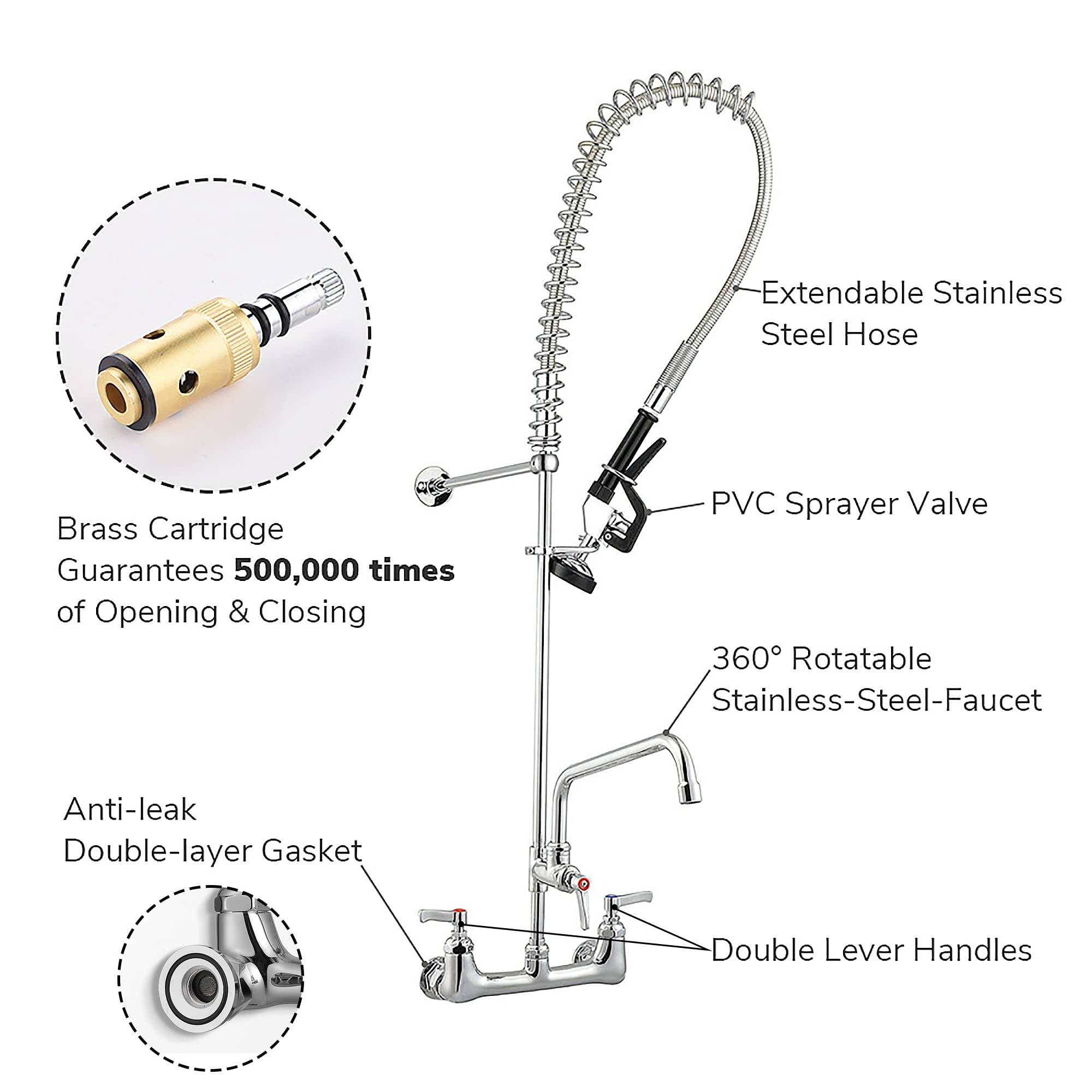 Aquaterior  Pre-Rinse Commercial Kitchen Faucet With Sprayer 44" Height Wall Mount Double Handle With Add-On 12" Rotatable Spout Pull Down For 2/3 Compartment Sink Cupc Nsf Cec