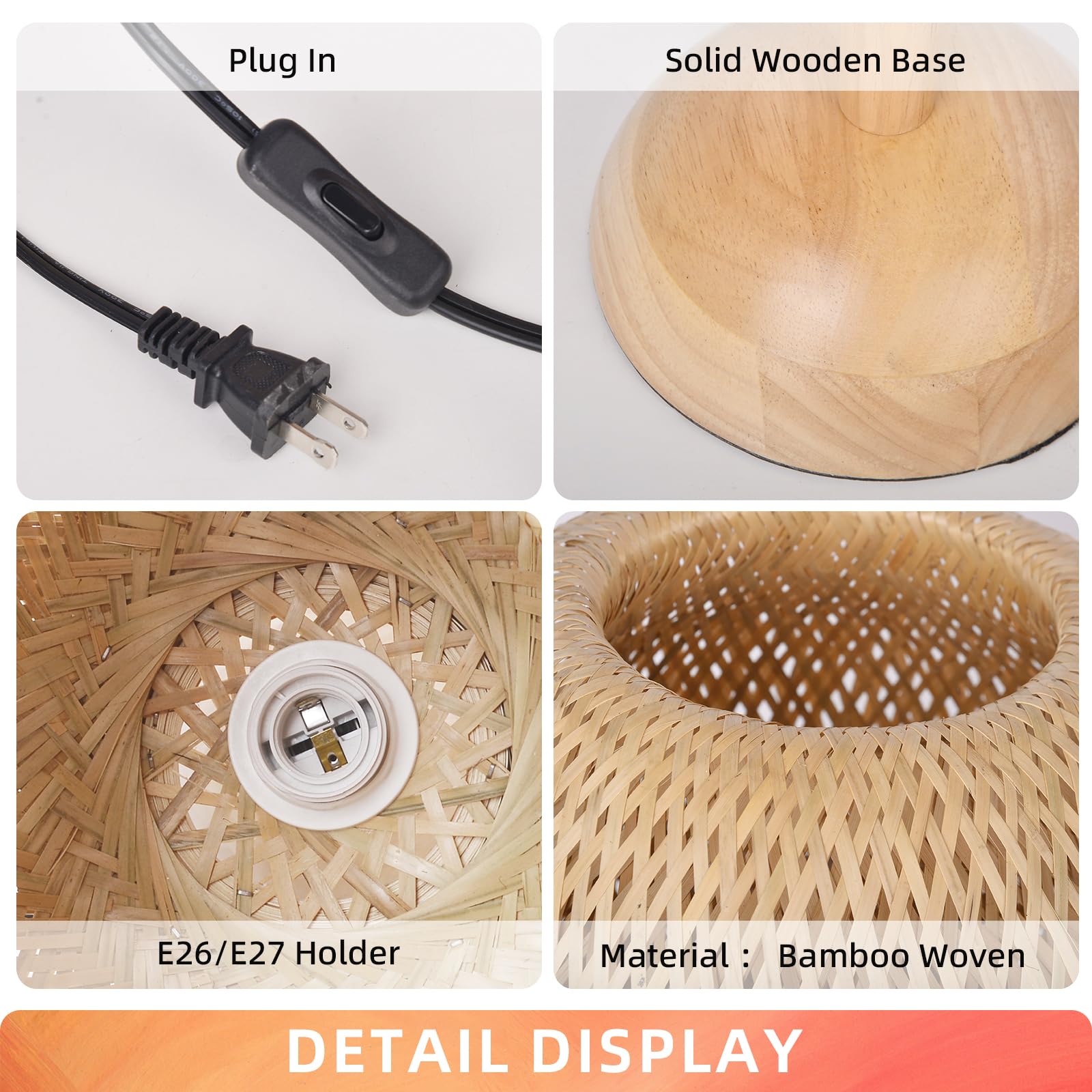 Arturesthome Handmade Bamboo Beside Lamp,Big Boho Table Lamp Wicker Desk Lamp Vintage Wooden Nightstand Lamp For Bedroom,Kids Room,Nursery Room Decor
