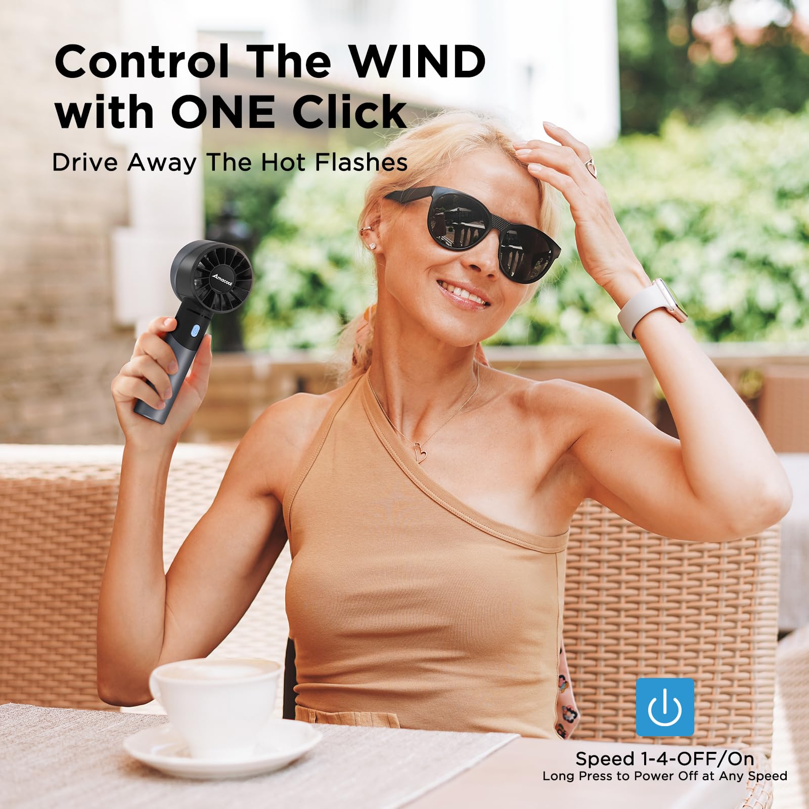 Turbo fan by Amacool with 4 speeds and cool metal body, providing up to 17 hours of cooling with rechargeable battery