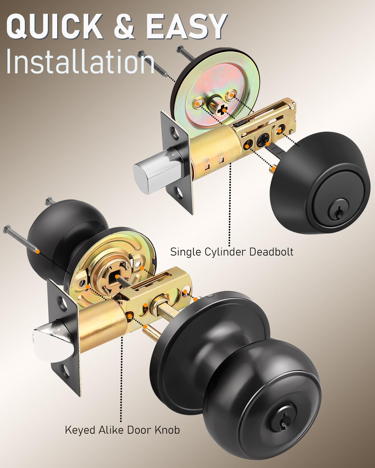 Brotima 3 Pack Keyed Alike Front Door Knob And Deadbolt Set, Entry Door Locksets With Single Cylinder Deadbolt, Matte Black Flat Round Door Lock Set For Bedroom/Office/Exterior Doors