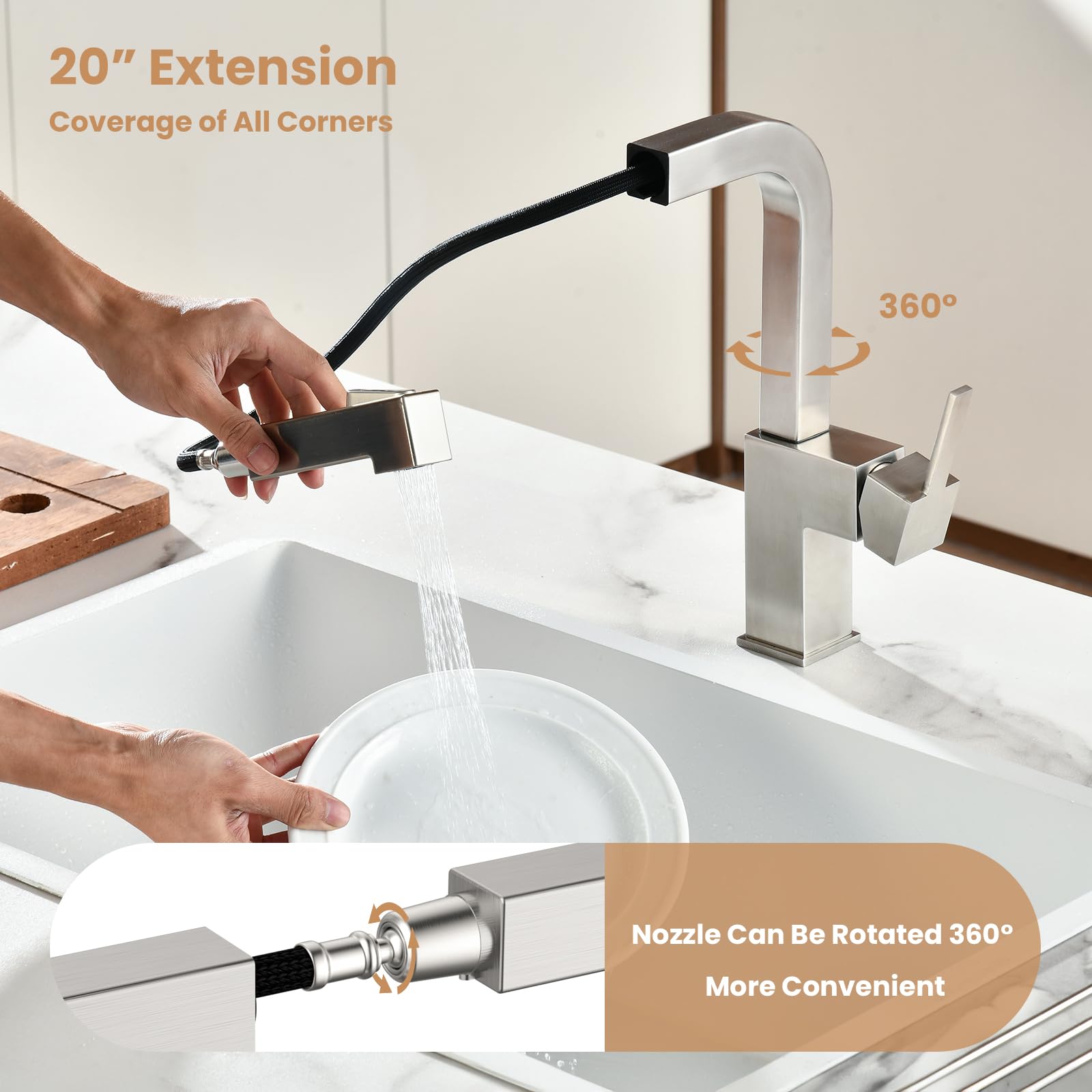 Appaso Square Kitchen Faucet, Single Handle High Arc Kitchen Faucets, 20 Inch Pull Down Kitchen Faucet, Dual Function Sprayer, Stainless Steel Sink Faucet, With Square Deck Plate