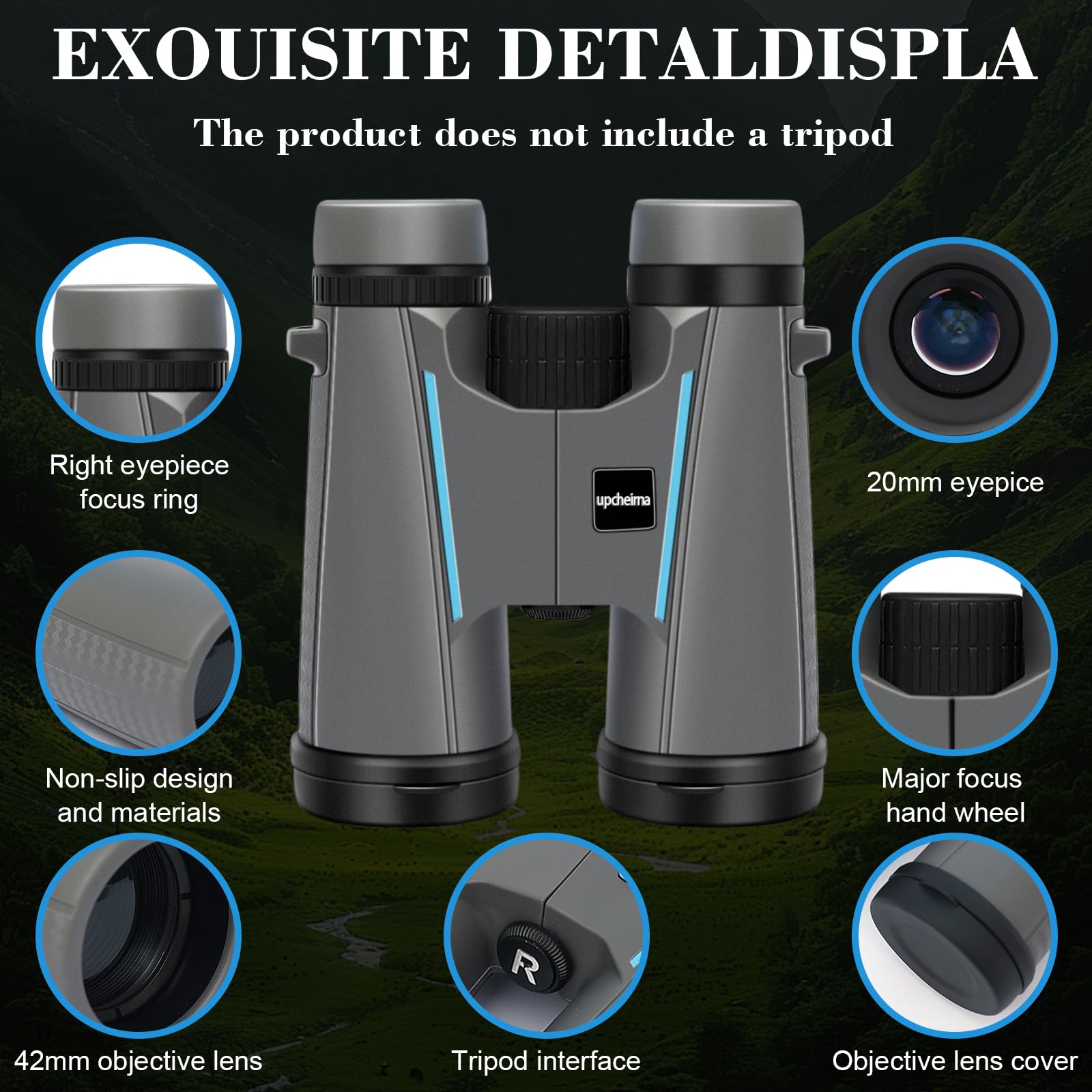 Upcheirna 12X42 Binoculars For Adults High Powered -Compact Travel Hd Binoculars With Phone Adapter,Low Light Night Vision, Bird Watching, Hunting, Lightweight Binoculares,Durable Gray Bino