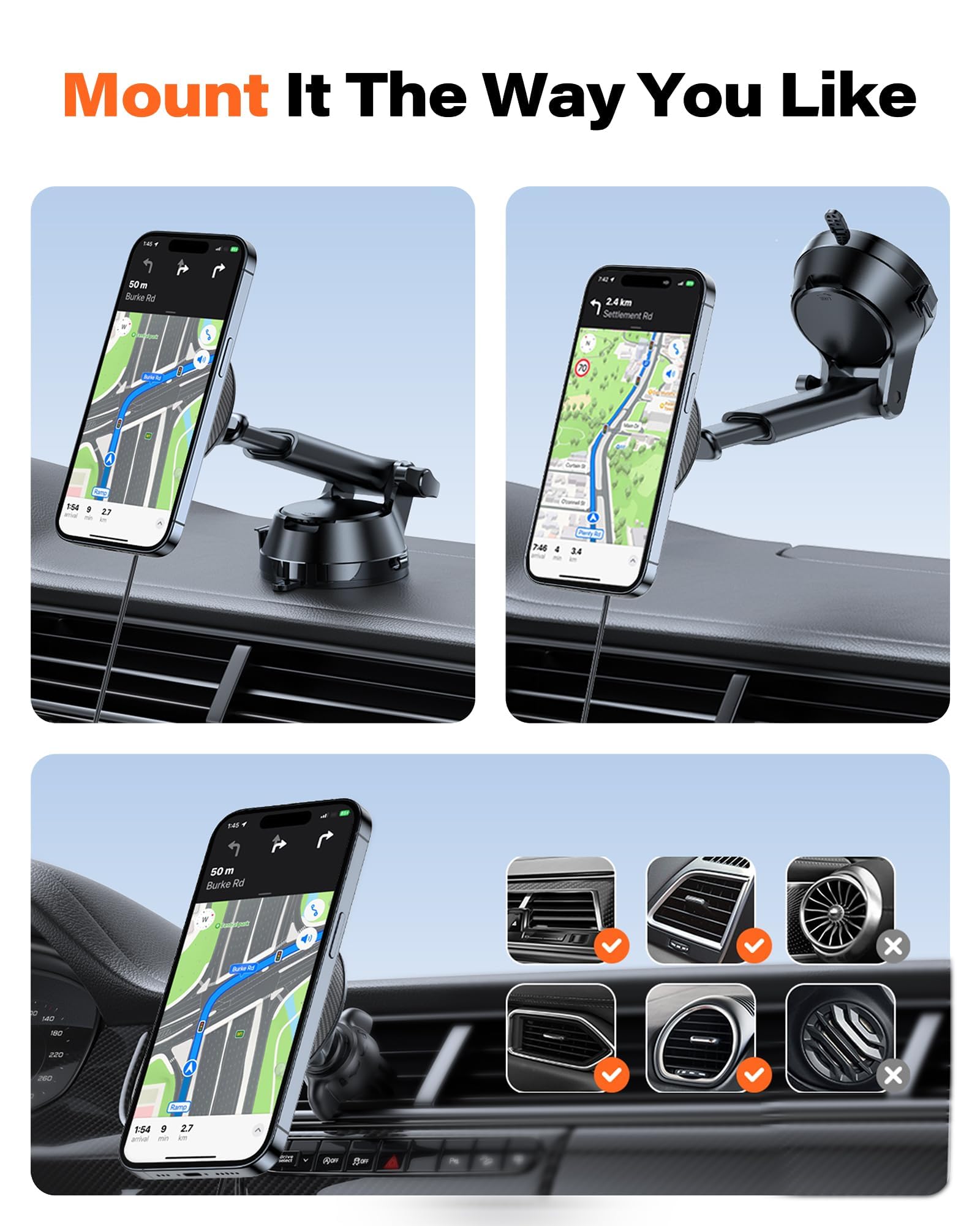 Apps2Car For 15W Car Mount Charger, For Iphone 16 Wireless Car Charger Magnetic Car Phone Holder Mount, Dashboard Windshield Vent For Iphone 16/15/14/13/12 Series, Compatible With Magsafe And Case