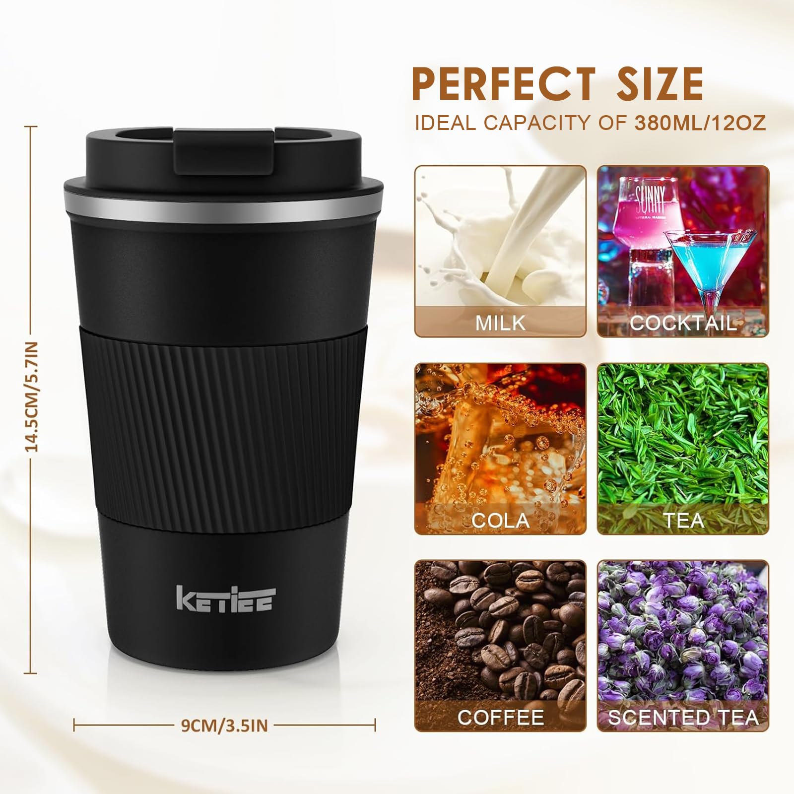 Ketiee Travel Mug 12Oz, Vacuum Insulated Coffee Mug With Leakproof Lid, Travel Coffee Tumbler