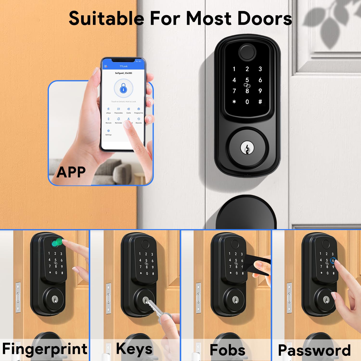 Seifgard Keyless Entry Door Lock With Handle Set, Keyless Entry Deadbolt With Handle Set, Smart Locks For Front Door Alexa Fingerprint Auto Lock,Black