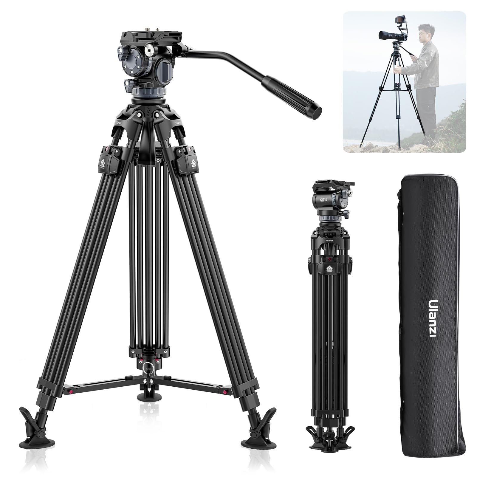 Vijim Tt48 Camera Tripod, 64Inch Professional Heavy Duty Tripod For Camera With 360 Fluid Head, Friction Damping, Mid Level Spreader, Compatible With Canon Nikon Dslr Camera Camcorder, Max Load 22Lb