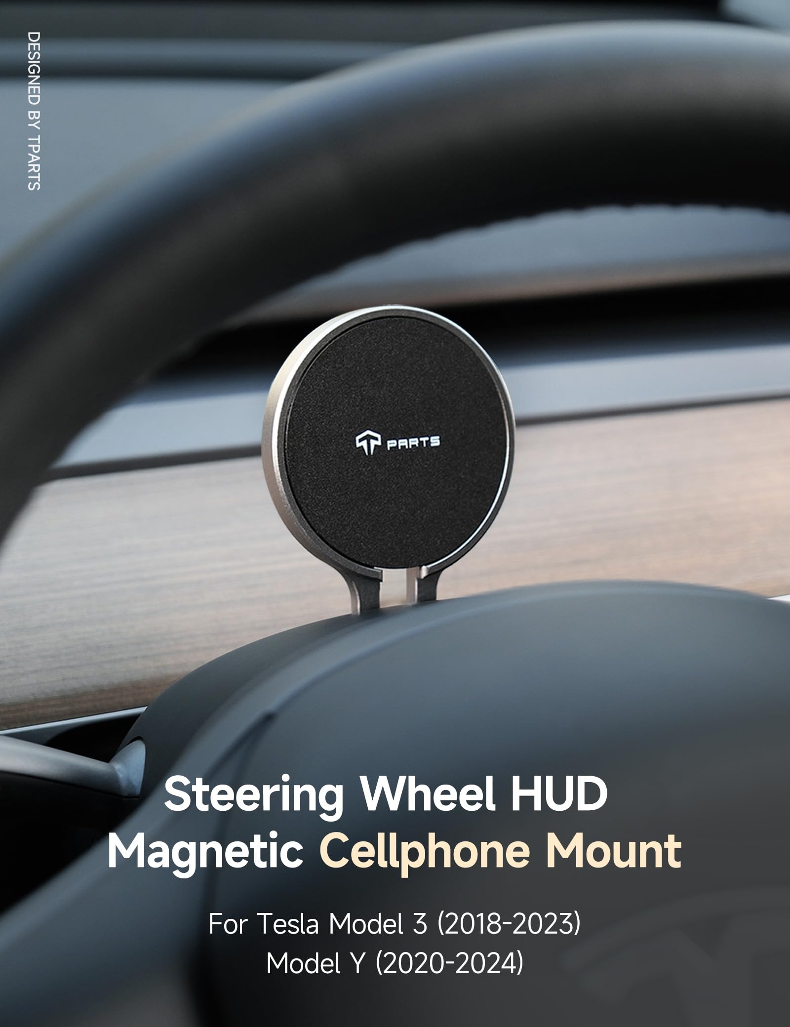 Tparts Steering Wheel Hud Magnetic Cellphone Mount Phone Holder Stand For Tesla Model 3 (18-23) / Model Y (20-24), Compatible With Iphone 12/13/14/15/16 Series And Other 5.4-6.7'' Smartphones (Tp200)