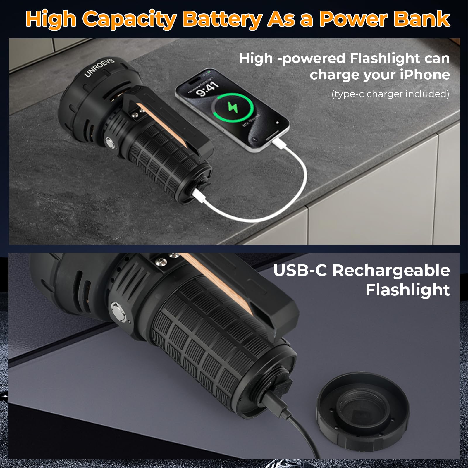 Unroevs W322 Brightest Flashlight 58000 Lumens,Super Bright Flashlight With 16 Pcs Cree Xhp50.3 Leds,High Powered Flash Light Long Beam 1715 Meters,Most Powerful Light For Caving,Search,Rescue And Hunting.