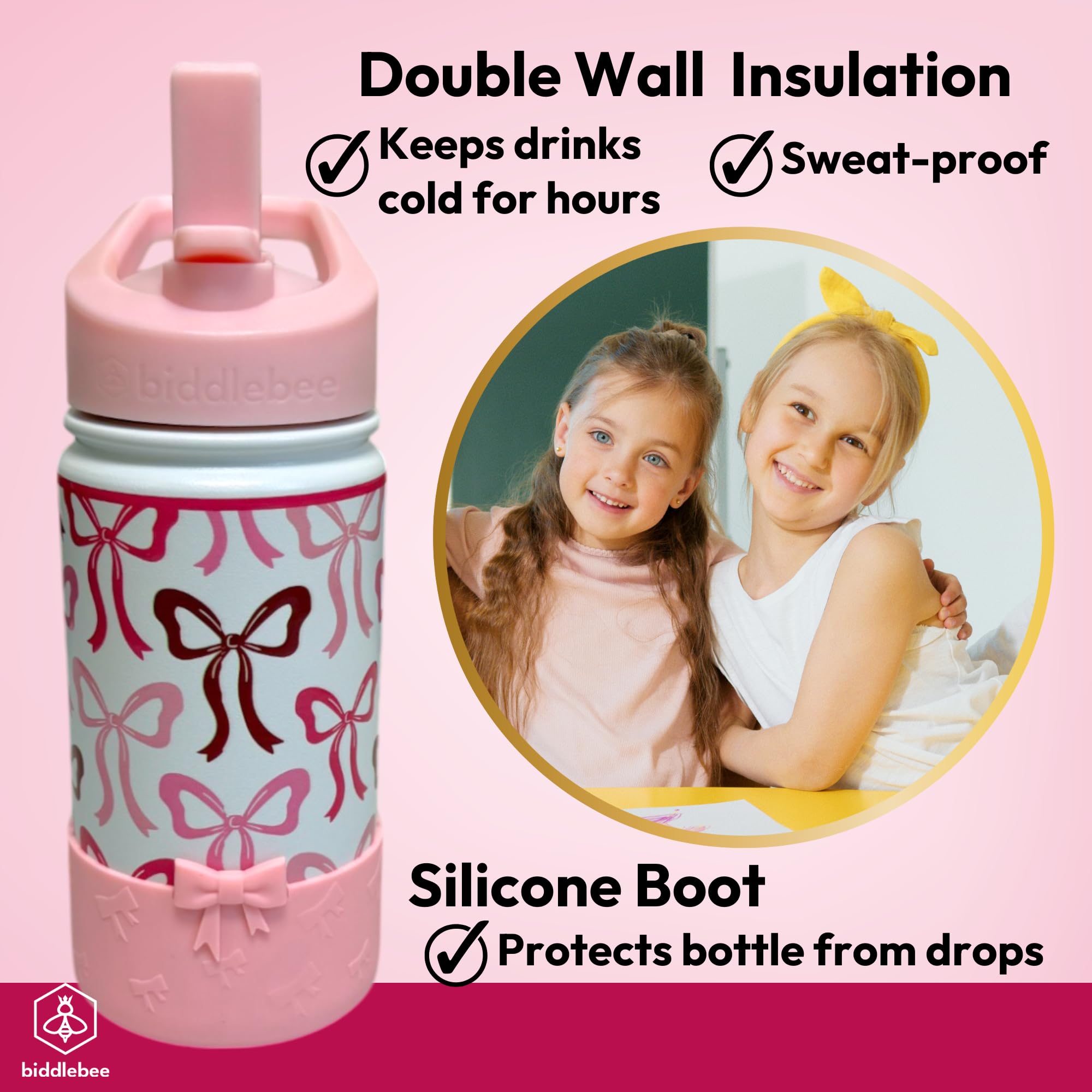 Biddlebee Kids Water Bottle With Straw Lid & Silicone Boot – 14Oz Insulated Stainless Steel Bottle