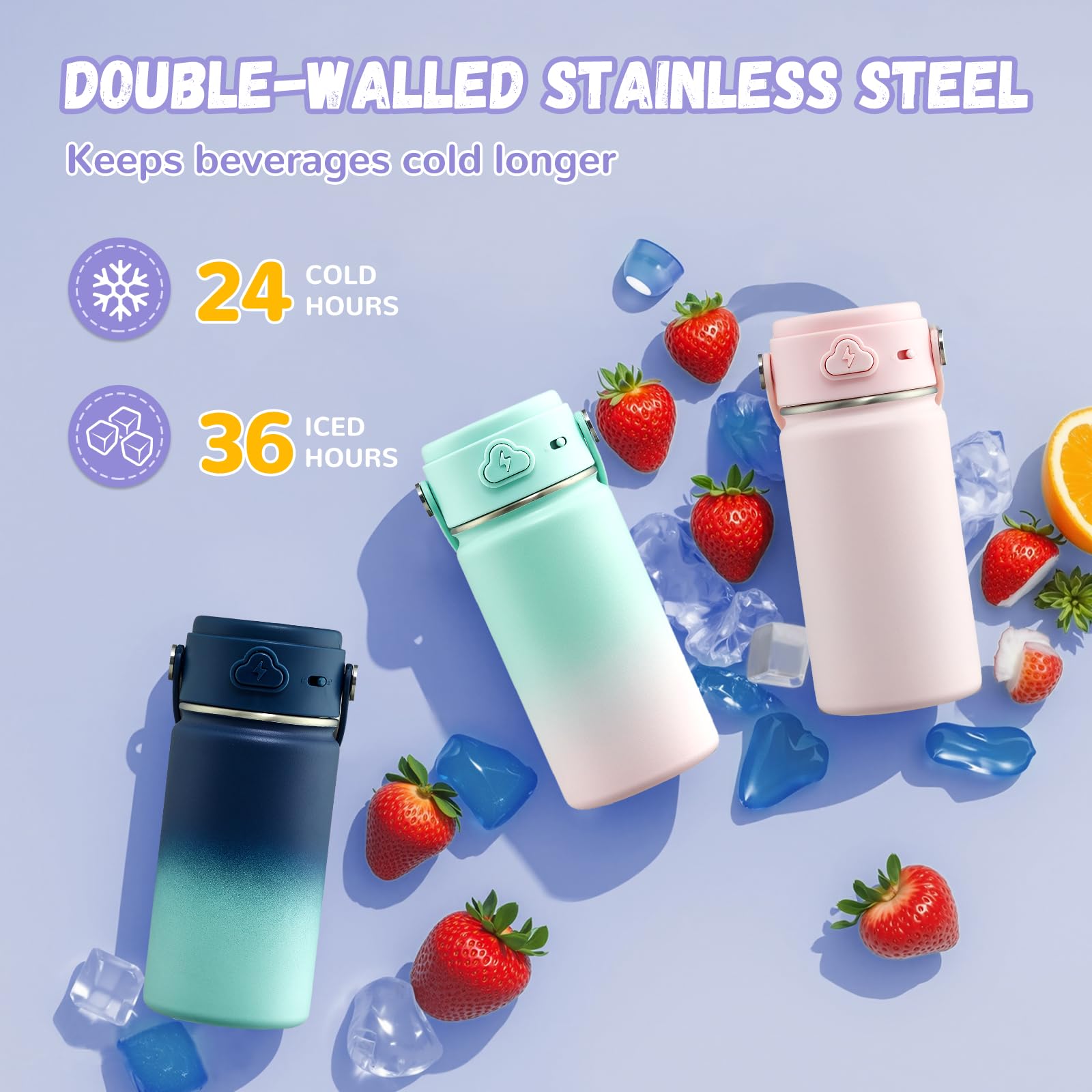 Coktik Kids Water Bottle With Straw, 14Oz Insulated Stainless Steel Tumbler, Leak-Proof Locking Lid