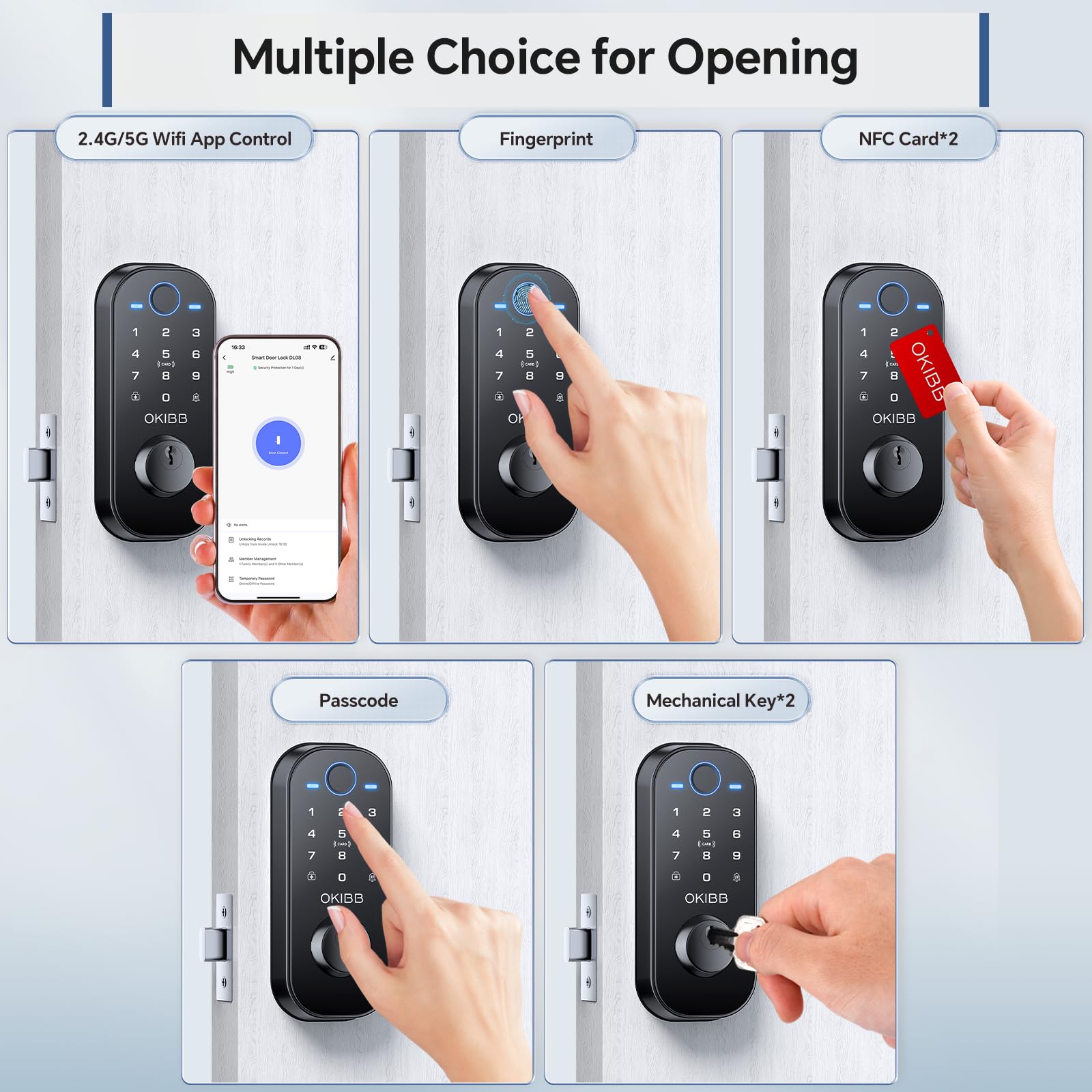 Okibb Keyles Entry Door Lock With Built-In Wi-Fi App Remote Control, Fingerprint Door Lock With Doorbell, Smart Locks For Front Door, Auto Locking, Black