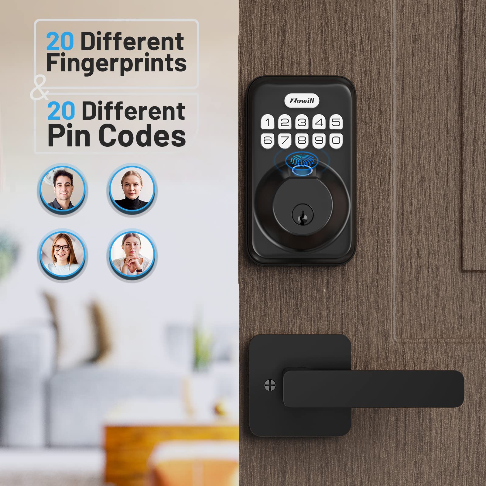 Zowill Fingerprint Door Lock, Keyless Entry Lock Keypad Deadbolt With 20 Biometric Fingerprints, User Codes, Auto Anti-Peeping Password, Ip54 Waterproof, Easy Installation Smart