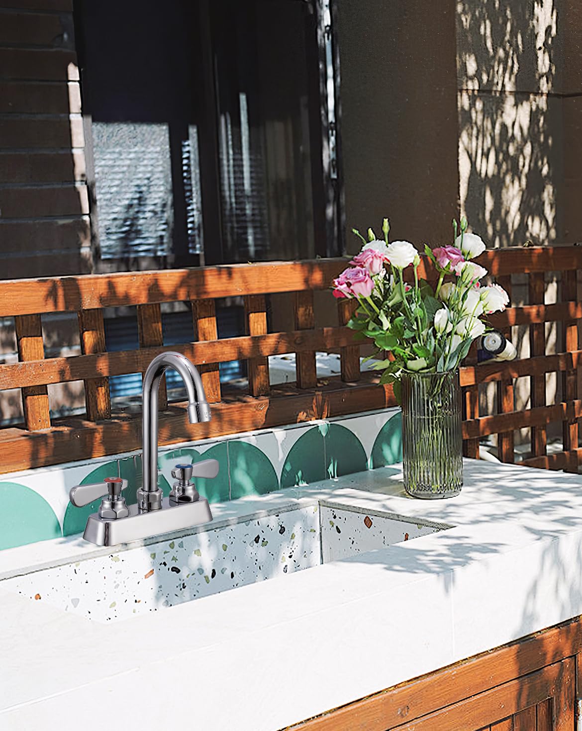 Phivan Commercial Kitchen Faucet 4" Center Deck Mount Commercial Bar Hand Sink Faucet With 3-1/2" Gooseneck Spout 2 Lever Handles Laundry Tub Utility Sink Faucet, Brass, Ceramic Valve