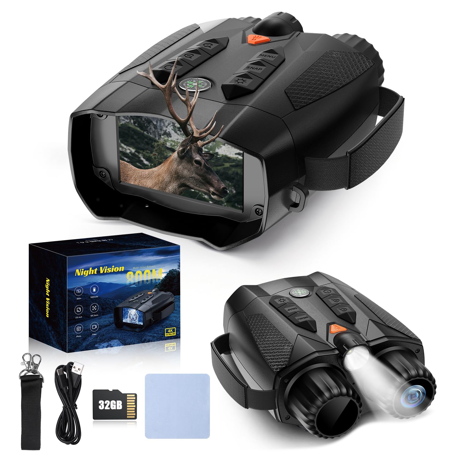 Mildhug Night Vision Goggles -4K Night Vision Binoculars with, 10X Zoom, External Tactical Light & Compass, 5000mAh Fast Charging, 32G Card, Record Video & Photos, Camping Hunting, Black