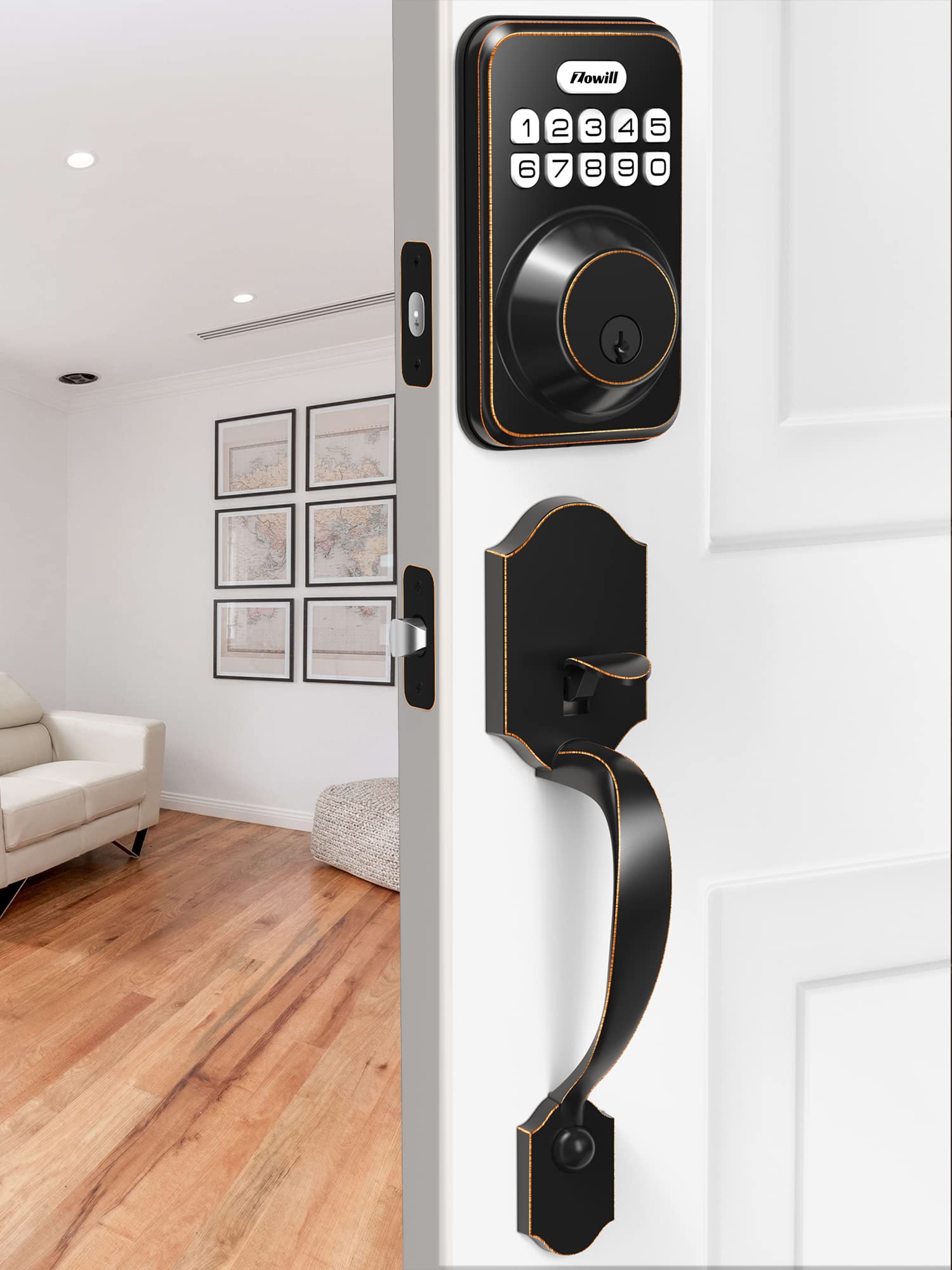 Zowill Keyless Entry Door Lock Set, Electronic Keypad Deadbolt With 2 Handles, Front Door Handle Lever Sets, Auto Lock,Code Door Lock,Oil-Rubbed Bronze