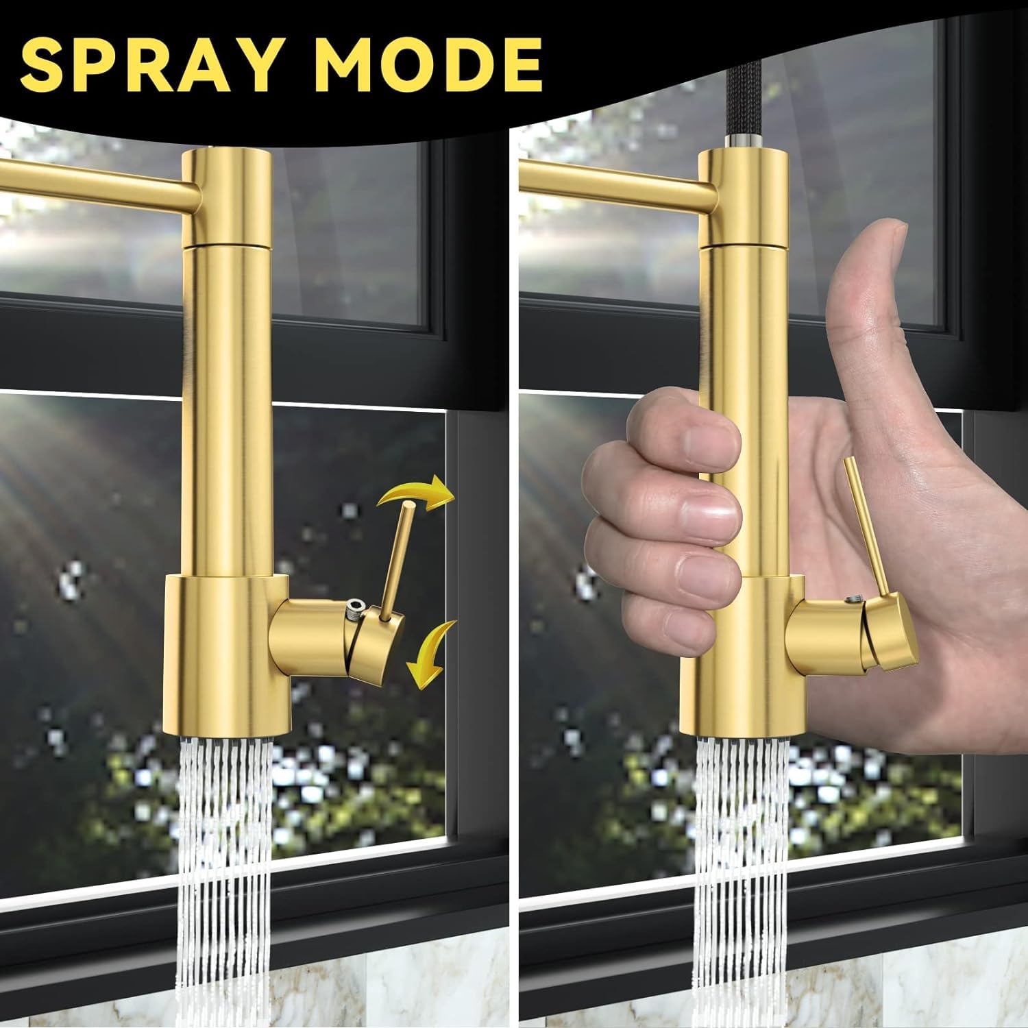 Cwm Brushed Gold Kitchen Faucet With Pull Down Sprayer And Pot Filler,2-Function High Arch Single Handle Commercial Style Kitchen Faucets With Spring Spout For Kitchen Sink,26.61Inch, Kh127