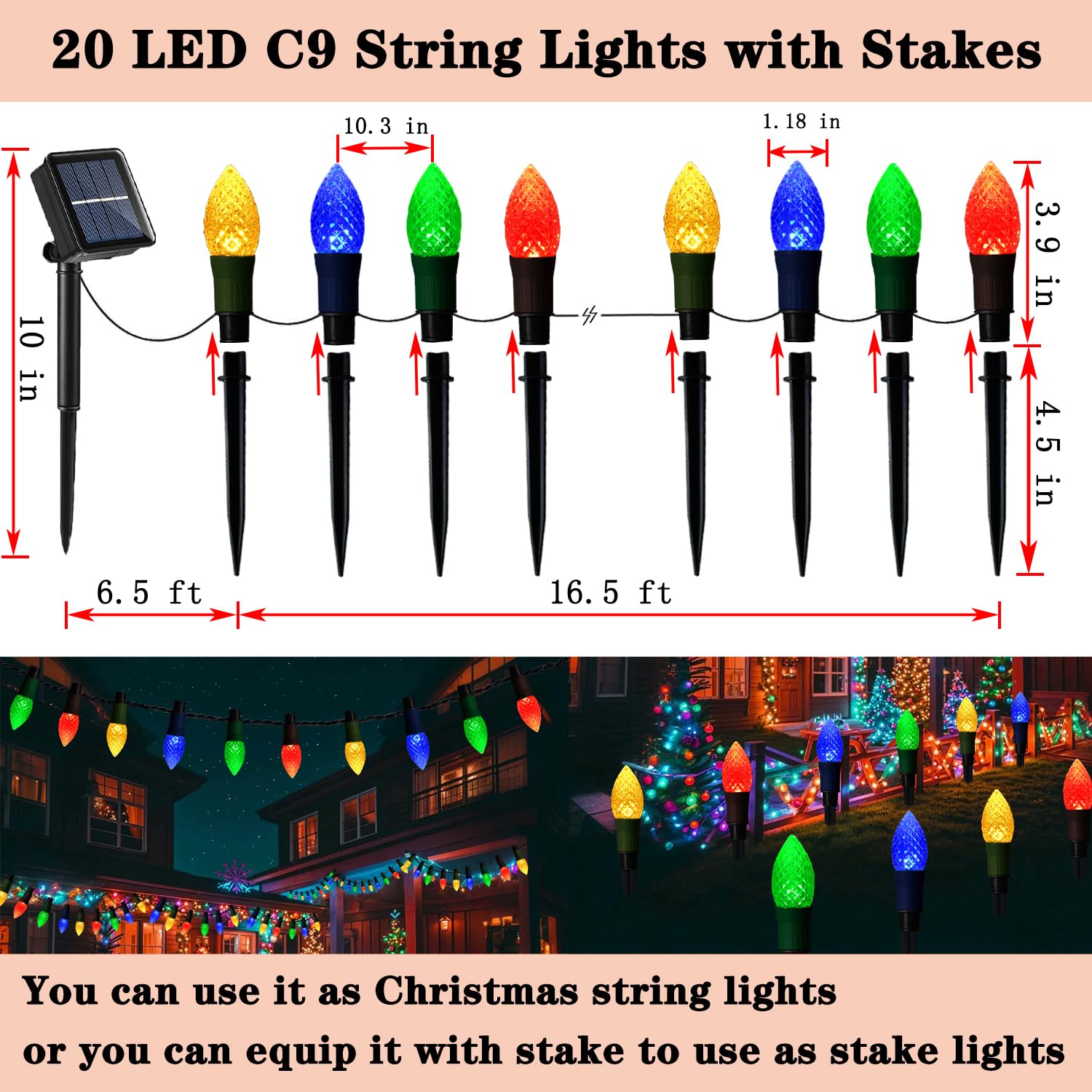 Viewpick est Solar Christmas Lights Outdoor Christmas Decorations, Christmas Pathway Lights, Waterproof 20 Led C9 Strawberry String Lights With 20 Stakes For Driveway Walkway Christmas Tree, Multicolored