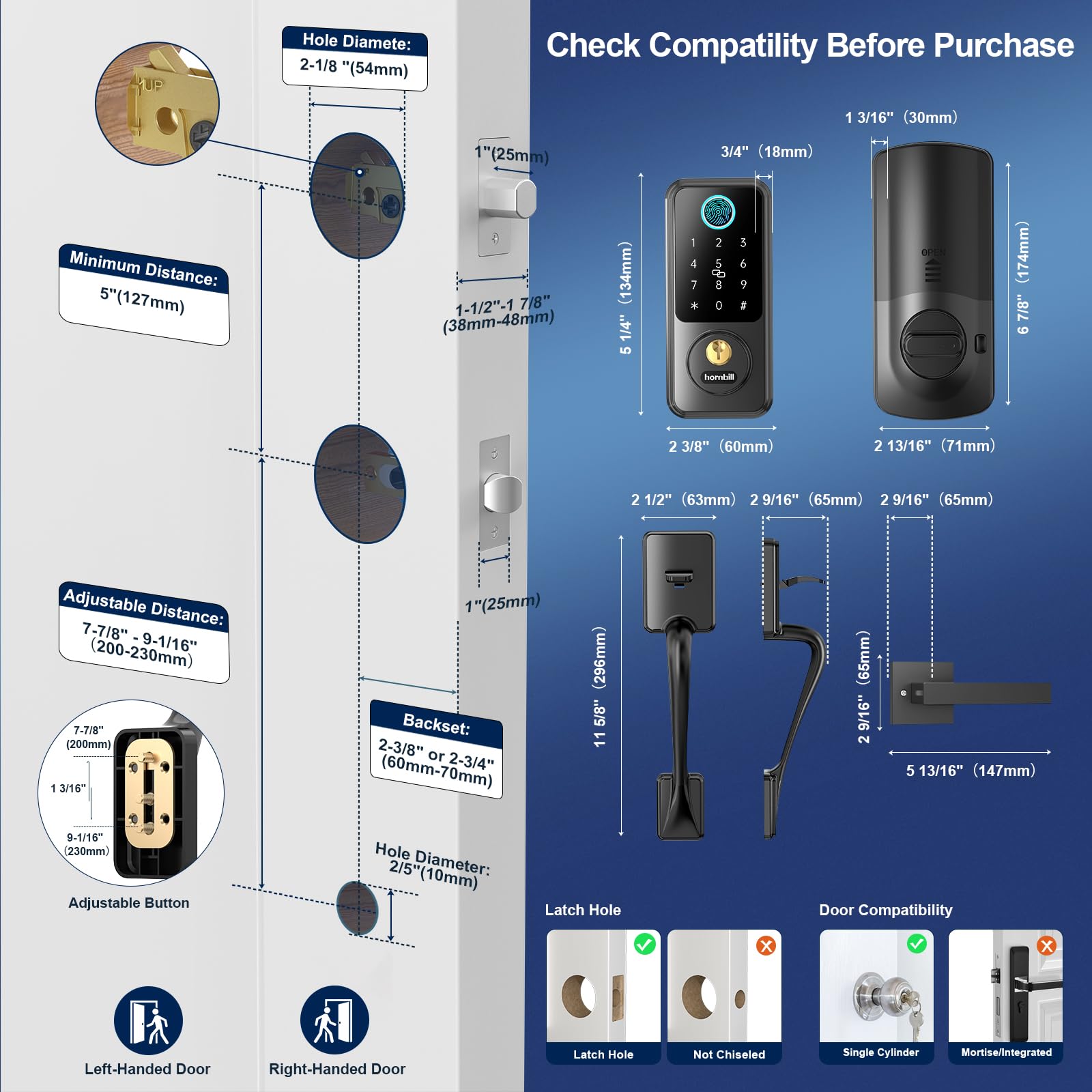 Hornbill Keyless Entry Smart Lock Set, Electronic Deadbolt Front Door Lockset, Keypad Entry Door Lock For Airbnb House Back Front Door, Matte Black