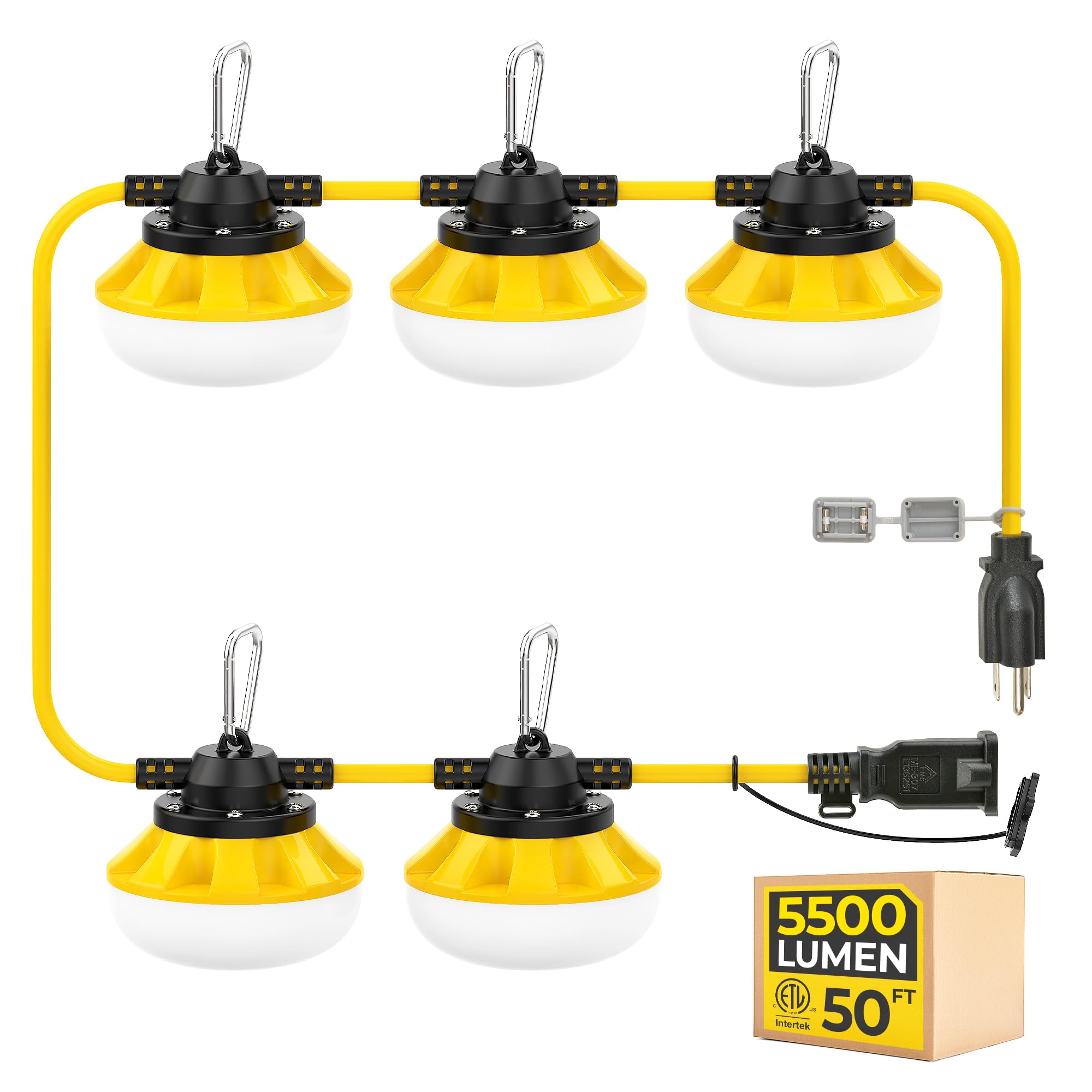 Hyanglux 50Ft Led String Lights: 3 Prong 50W 5500Lm Etl Bright Industrial Outdoor Temporary Lighting Hanging Ip65 Waterproof 18Awg Wire Construction Work Light For Attic Jobsite Garage