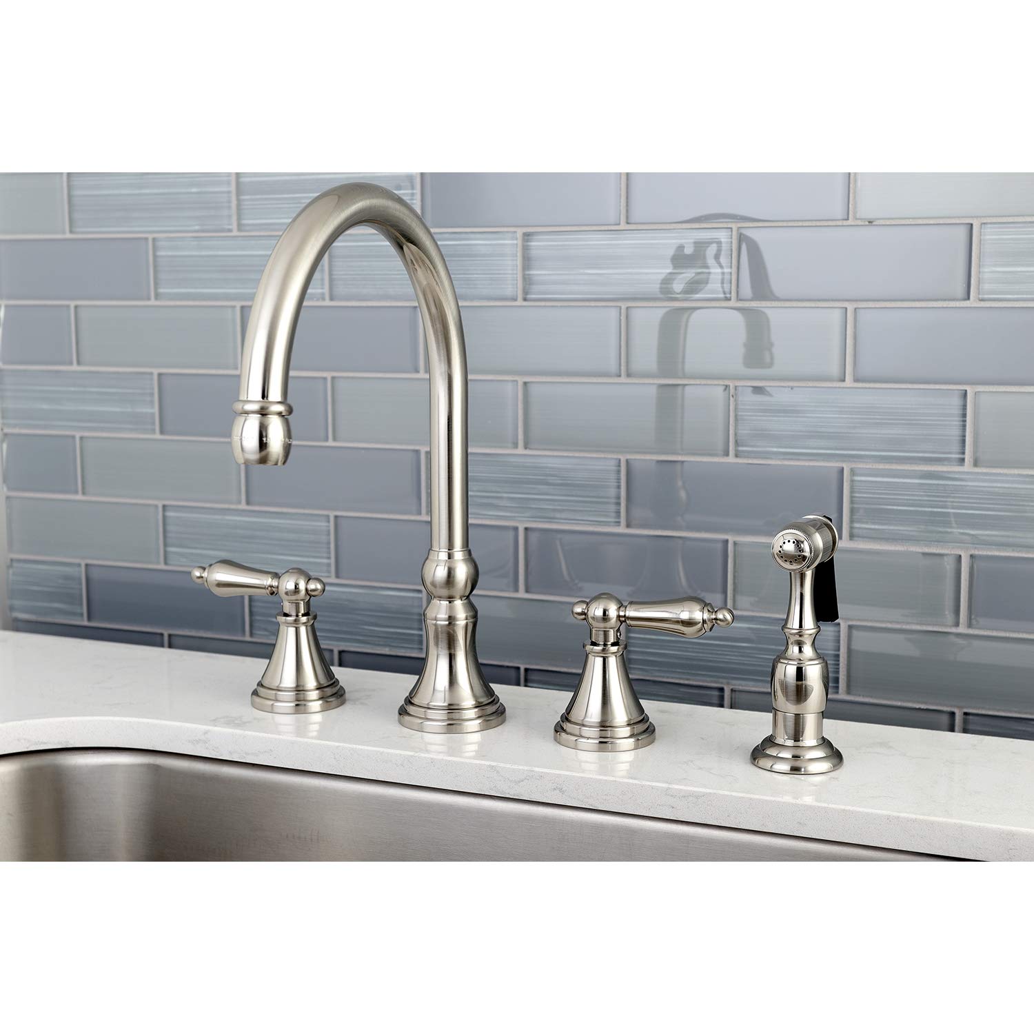 Elements Of Design Kingston Brass Es2798Albs Governor 8' To 16' Widespread Kitchen Faucet With Brass Sprayer, 8-1/4', Brushed Nickel
