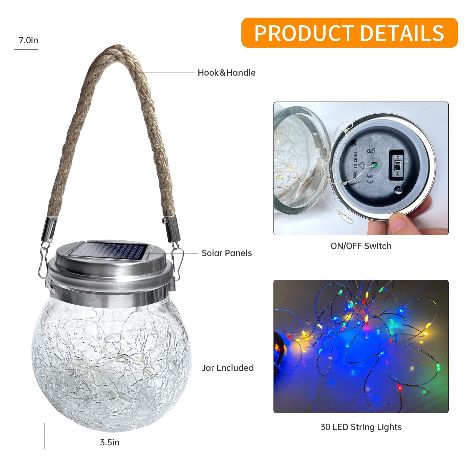 Zqx Outdoor Hanging Solar Lights, 2 Pack 30 Led Solar Cracked Glass Ball Lanterns With Handle, Waterproof Decorative Lights For Garden, Patio, Yard, Christmas, Wedding, Party Decor (Colorful)
