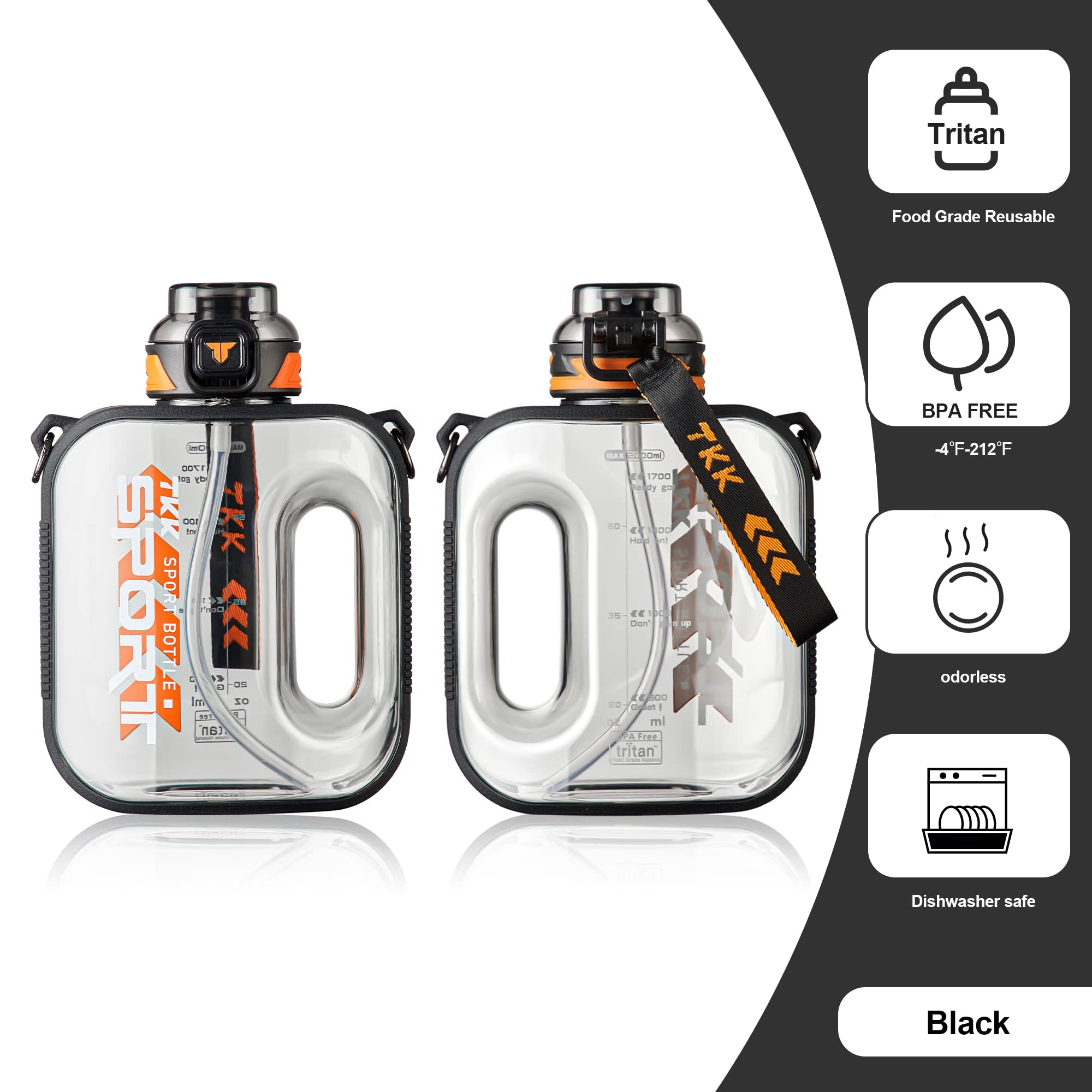 Tkk Half Gallon Water Bottle Jug With Straw, Large Capacity Plastic Water Bottle, Dishwasher Safe