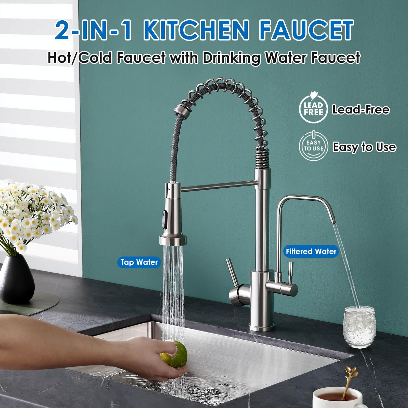 Rovogo Kitchen Sink Faucet With Filtered Water Dispenser And Pull Down Sprayer, Dual Handle Single Hole Stainless Steel Spring Faucet, Brushed