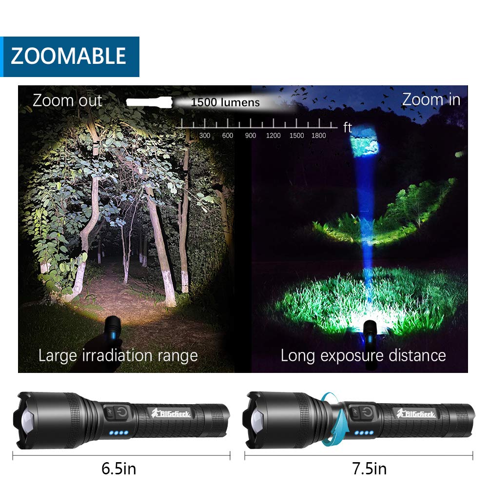 Bigcheck Flashlights High Lumens,Emergency Sos Flashlight Double Button, High/Medium/Low/Strobe/Sos,4X Zoomable Ip67 Waterproof Long Lasting Battery Powerful Rechargeable Flashlights【 Version