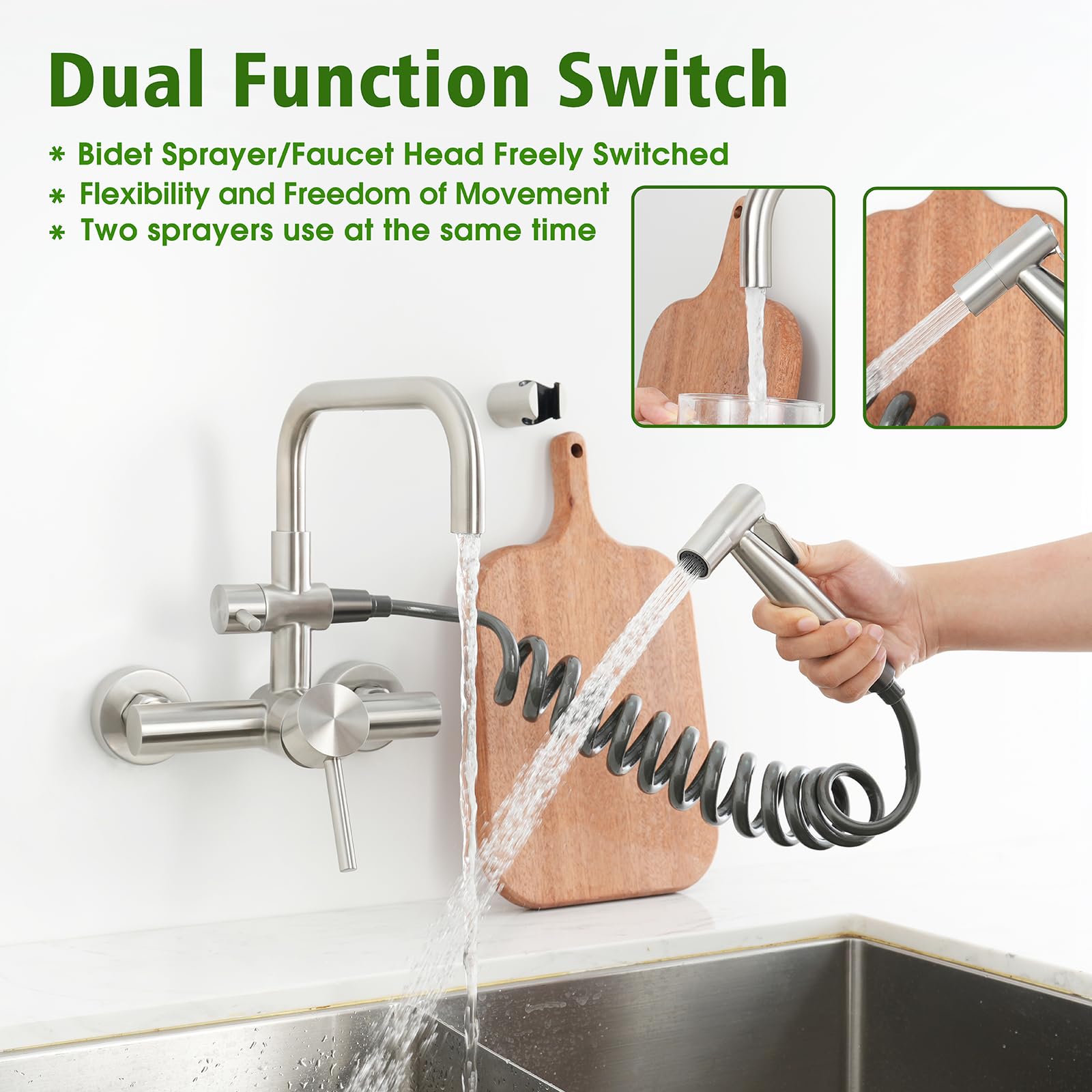 Trywell Wall Mount Faucet With Handheld Sprayer 6 Inch Center Kitchen Faucets Swivel 360°Stainless Steel Commercial Sink Faucet With Retractable 79 Inch Hose Spray Accessory Set(W-004P)