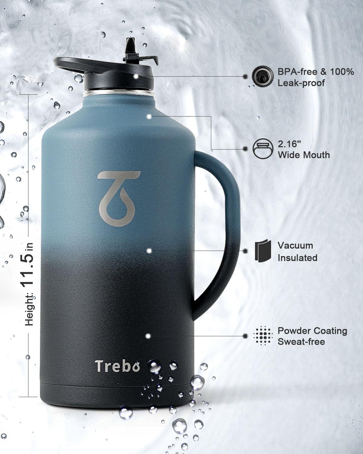 Trebo 128 Oz Water Bottle Insulated With Handle, One Gallon Stainless Steel Metal Large Jug, Travel