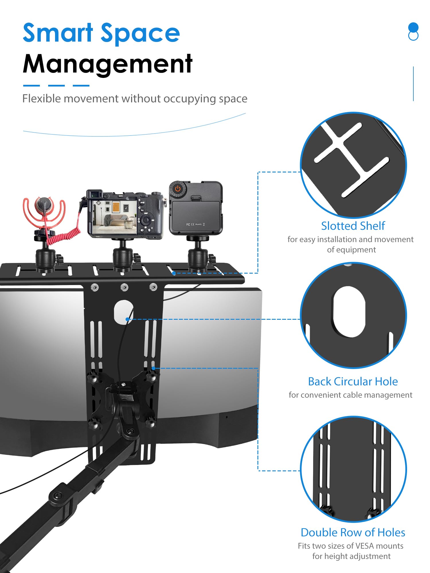 Borenbuir Dslr Monitor Top Shelf With 3 Ballhead For Vesa Arm, Camera Mount Clamp For Light, Webcam, Microphones, Height Adjustable, For Live Stream, Video Conferencing, Youtube, Tiktok